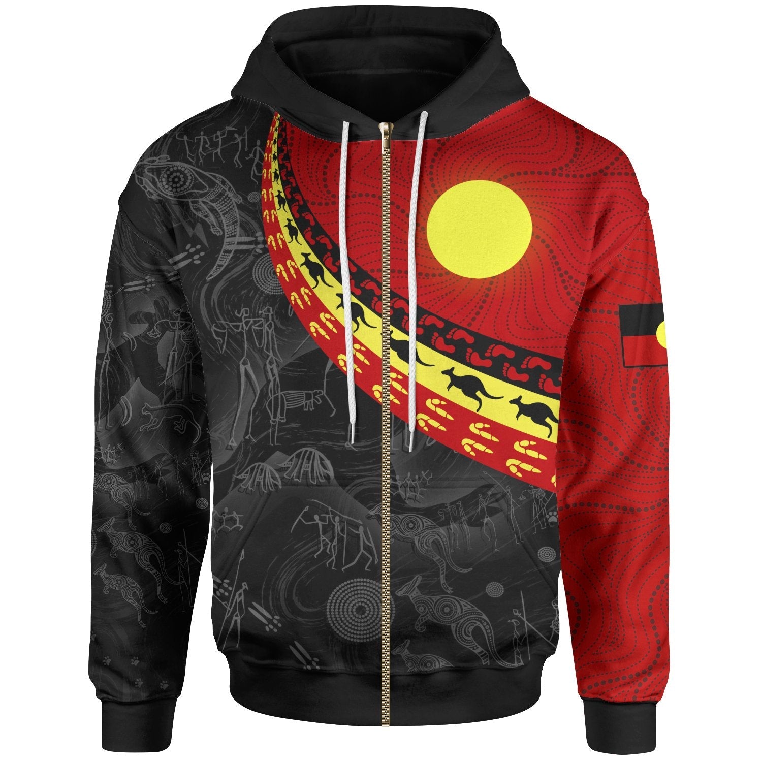 Aboriginal Zip - Up Hoodie, Indigenous Flag Circle Dot Painting - Vibe Hoodie Shop