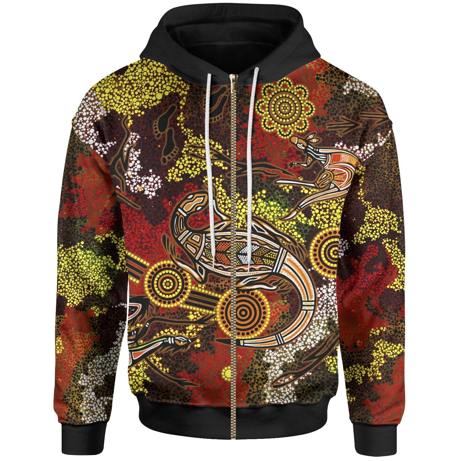 Aboriginal Zip - Up Hoodie, Kangaroo and Lizard Dot Painting Art - Vibe Hoodie Shop