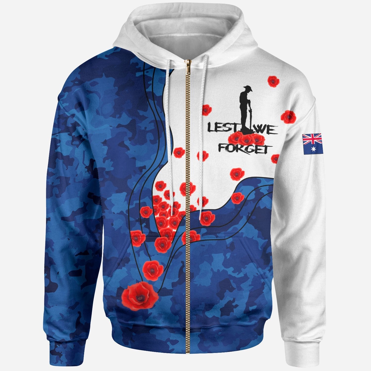 ANZAC Lest We Forget Zip - Up Hoodie - Australian Flag Color - - Vibe Hoodie Shop