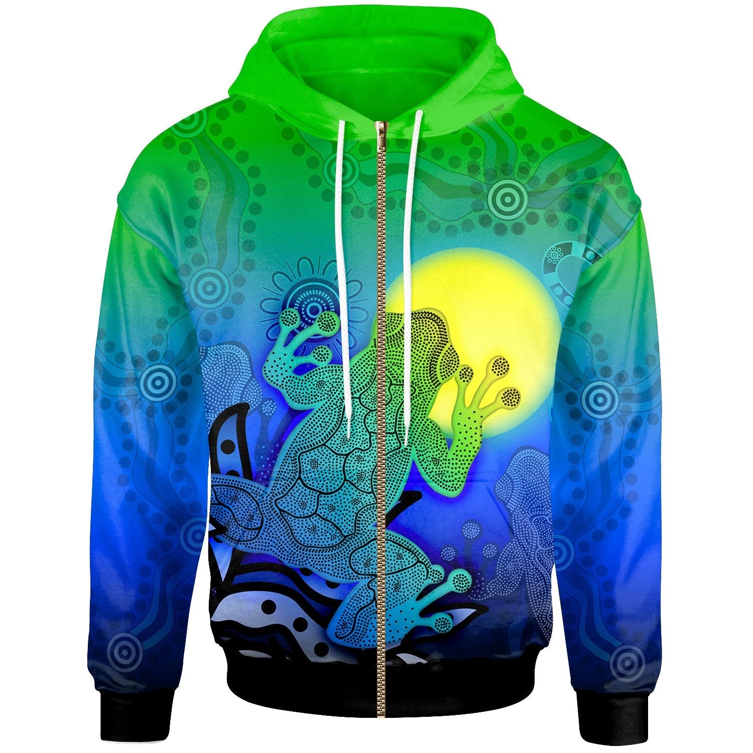 Aboriginal Zip - Up Hoodie - Indigenous Frog (Blue) - Vibe Hoodie Shop