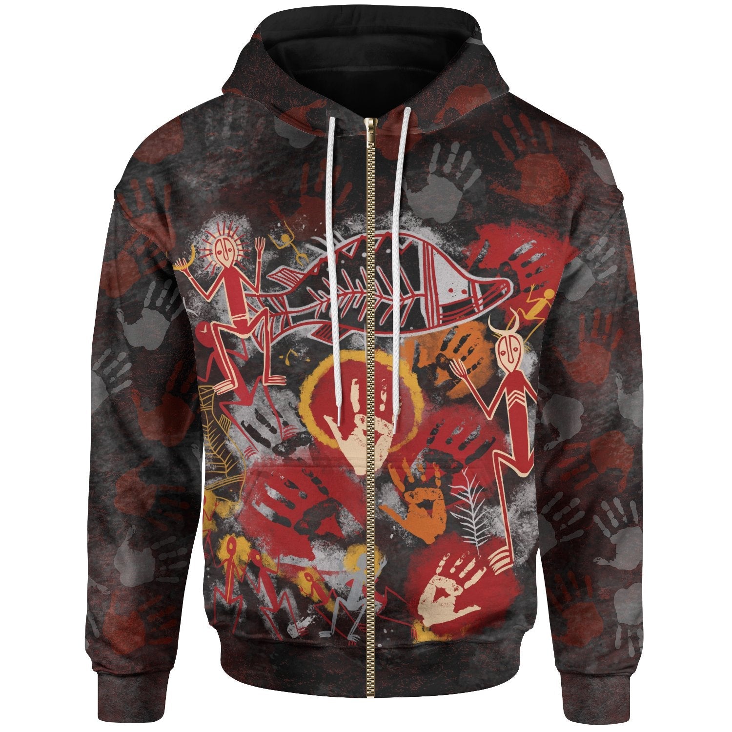 Aboriginal Zip - Up Hoodie - Indigenous Fish Hand Art - Vibe Hoodie Shop