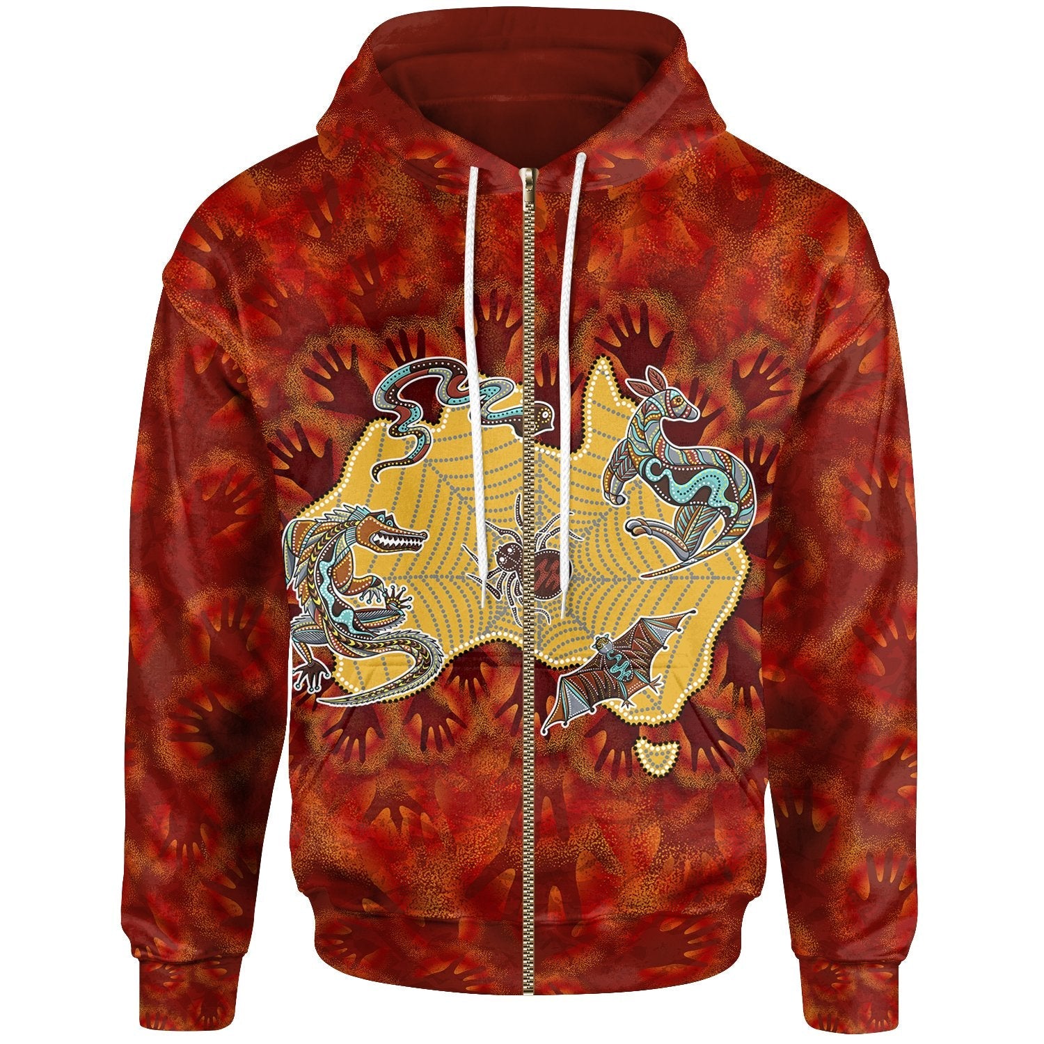 Aboriginal Zip - Up Hoodie - Australia Map Hand Patterns Spider Web - Vibe Hoodie Shop