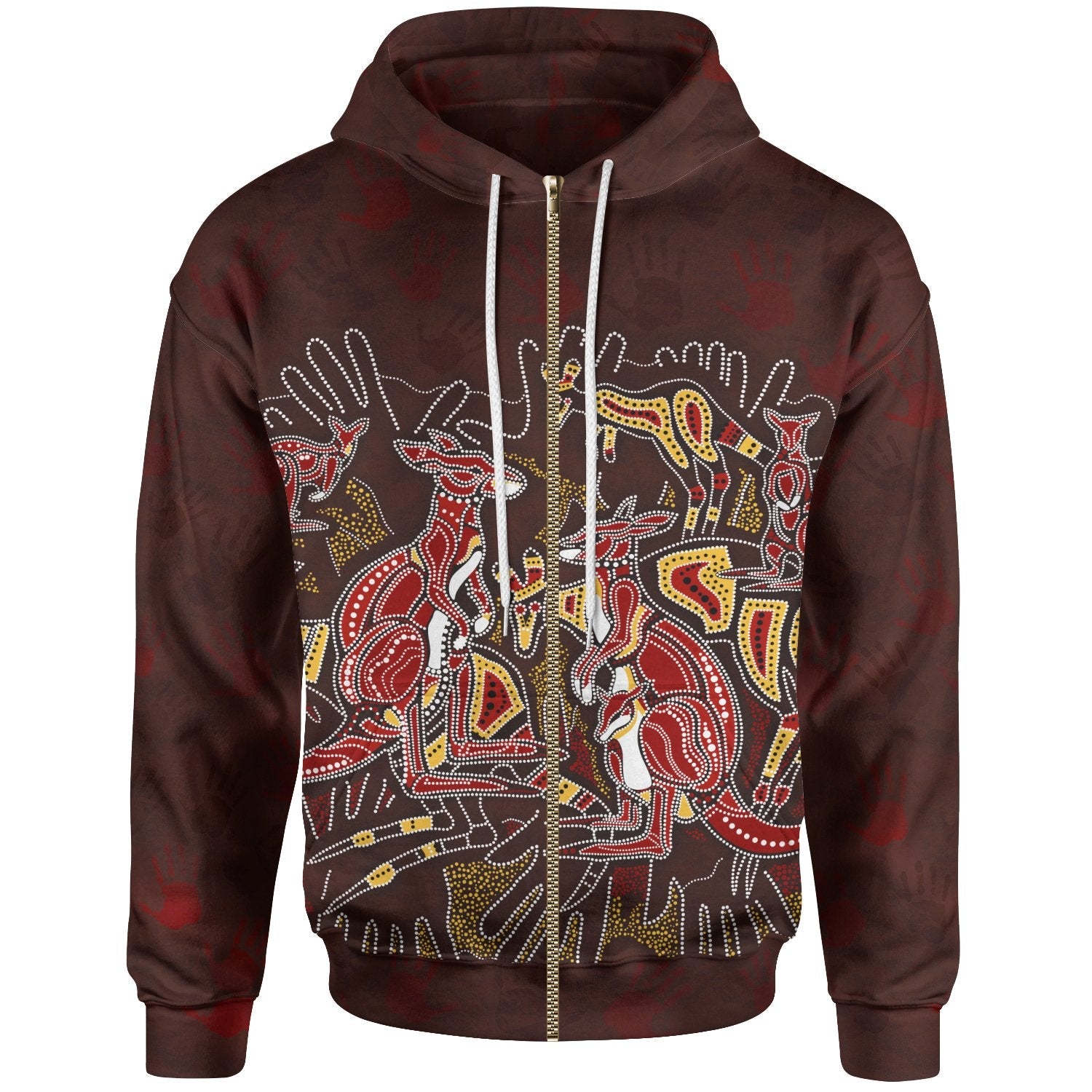 Aboriginal Zip - Up Hoodie - Kangaroo family with Hand Art - Vibe Hoodie Shop