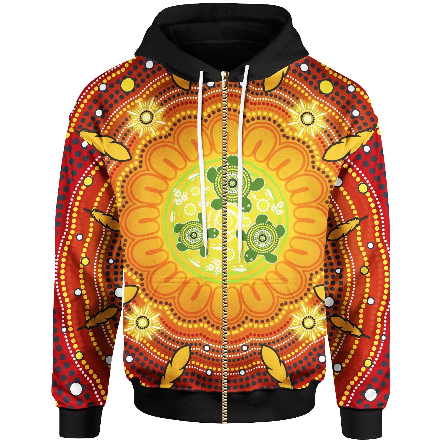 Aboriginal Zip - Up Hoodie, Turtle Circle Dot Painting Art - - Vibe Hoodie Shop