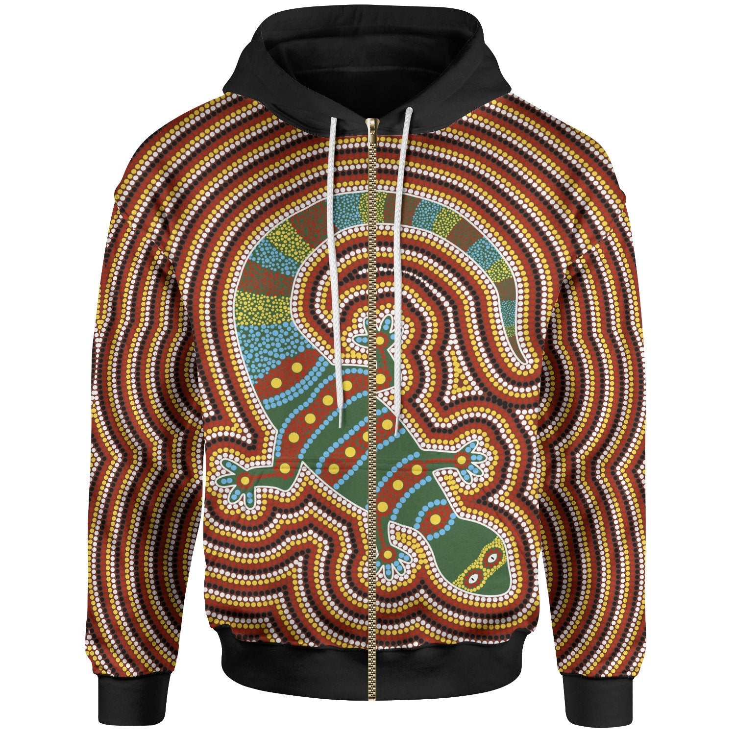 Aboriginal Zip - Up Hoodie, Lizard Dot Painting Patterns - Vibe Hoodie Shop