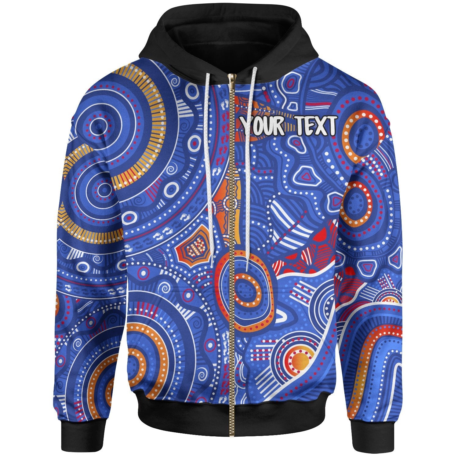 Custom Text Aboriginal Zip - Up Hoodie - Indigenous Footprint Patterns Blue Color - Vibe Hoodie Shop