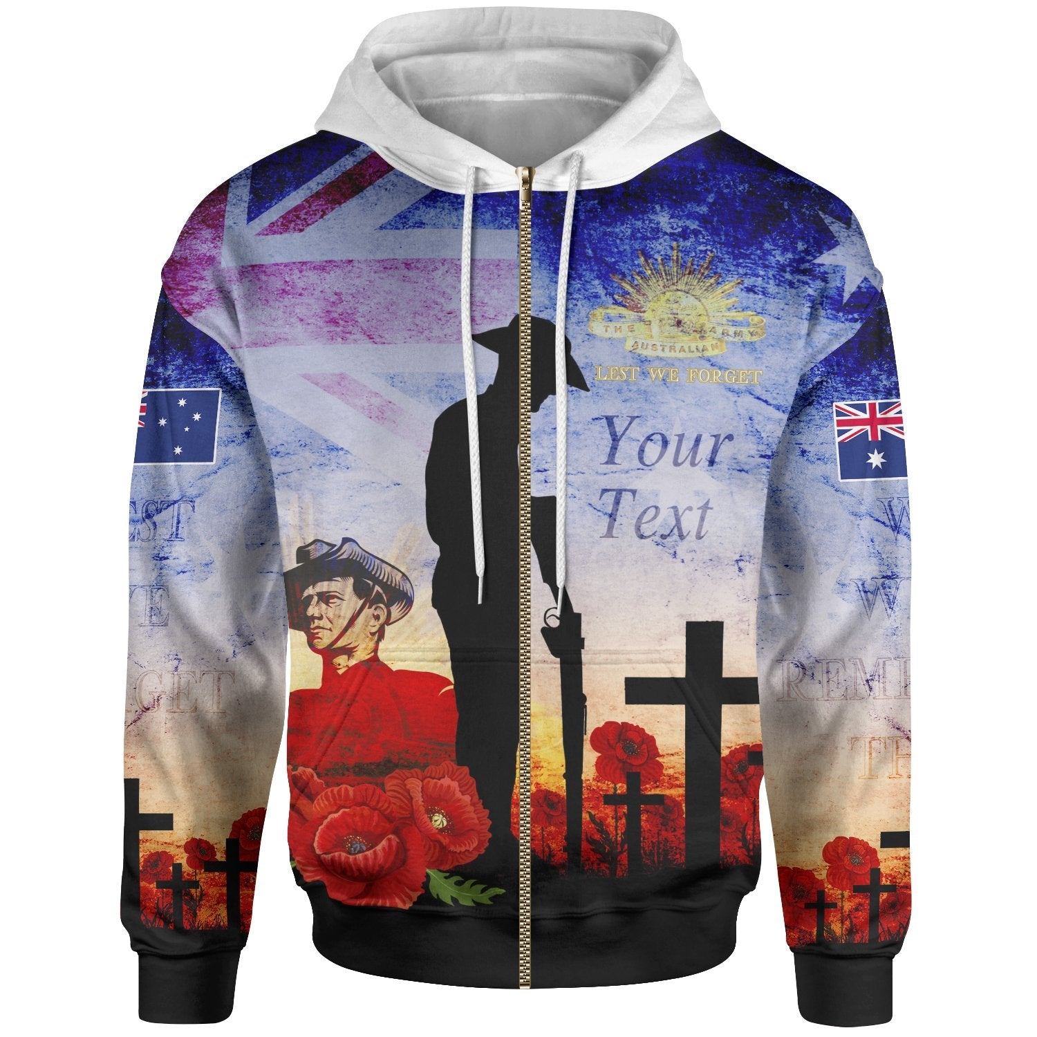 Custom ANZAC Zip - Up Hoodie - ANZAC 2020 Lest We Forget The Australian Army - Vibe Hoodie Shop