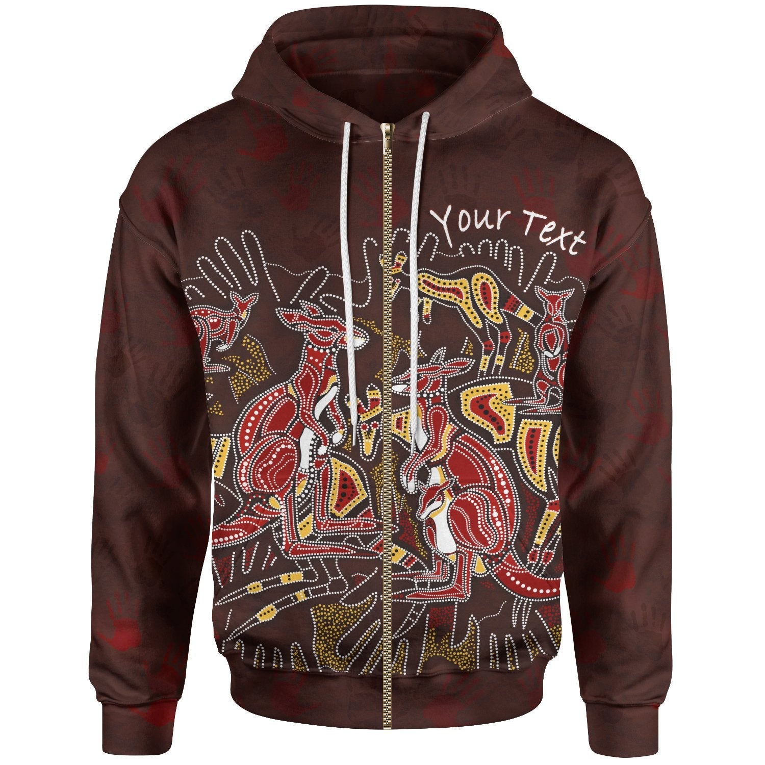 Custom Aboriginal Zip - Up Hoodie - Kangaroo family with Hand Art - Vibe Hoodie Shop