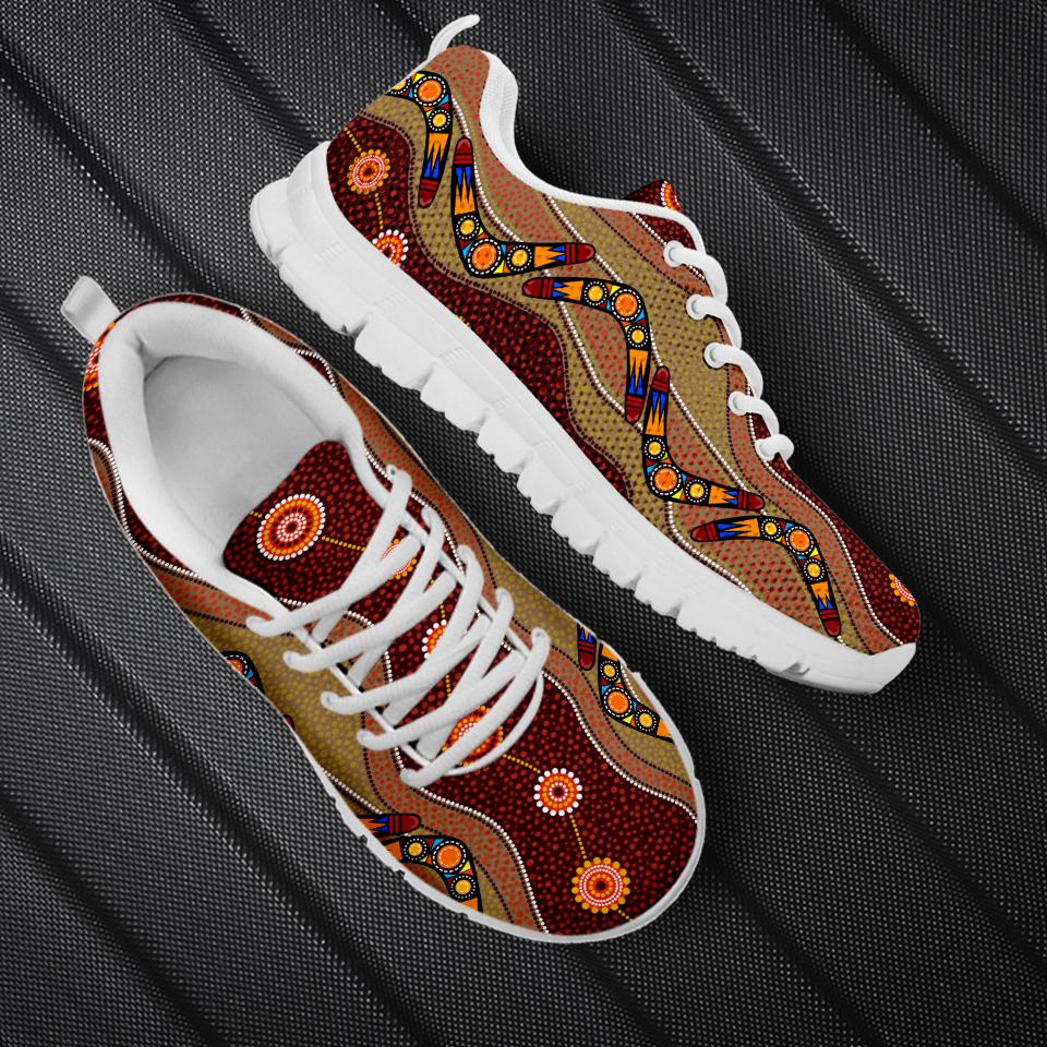 Aboriginal Sneakers, Boomerang Patterns Circle Dot Painting - Vibe Hoodie Shop