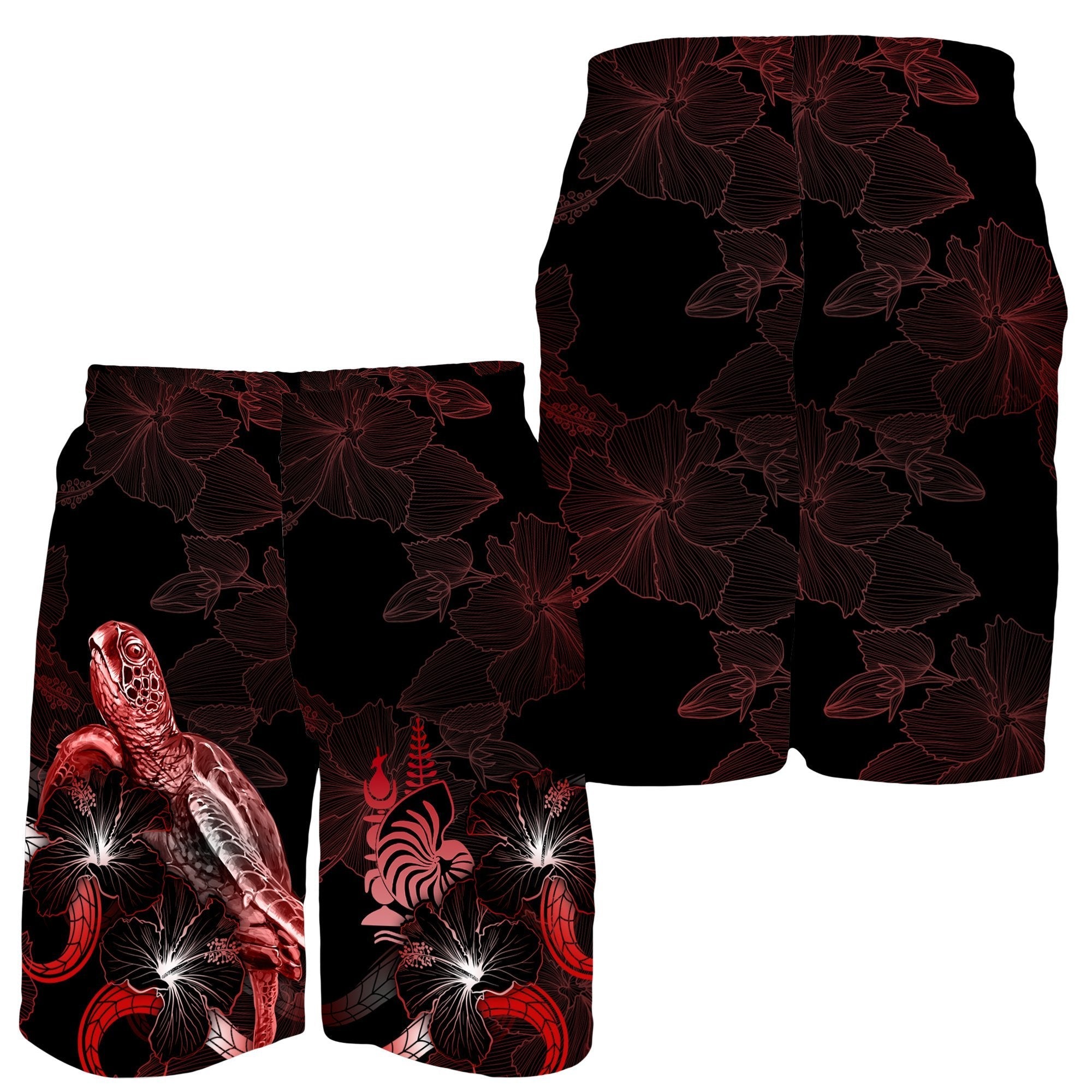 New Caledonia Polynesian Men's Shorts - Turtle With Blooming Hibiscus Red - Vibe Hoodie Shop