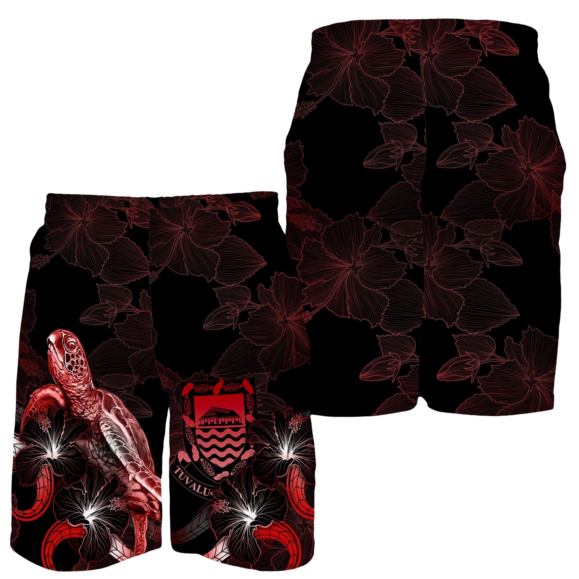 Tuvalu Polynesian Men's Shorts - Turtle With Blooming Hibiscus Red - Vibe Hoodie Shop