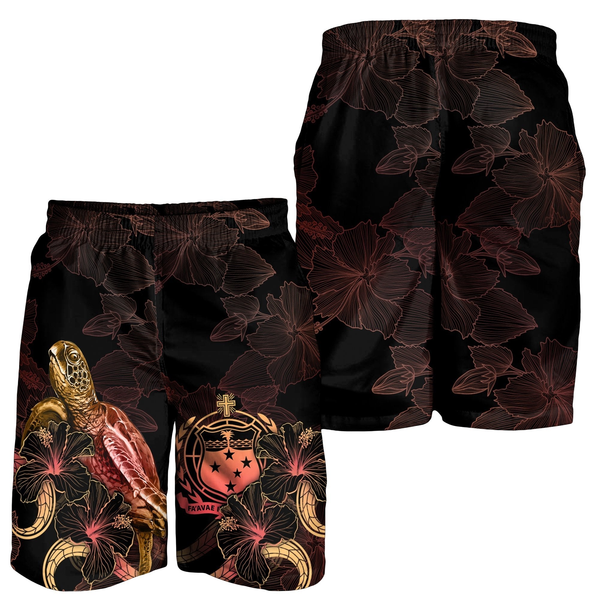 Samoa Polynesian Men's Shorts - Turtle With Blooming Hibiscus Gold - Vibe Hoodie Shop