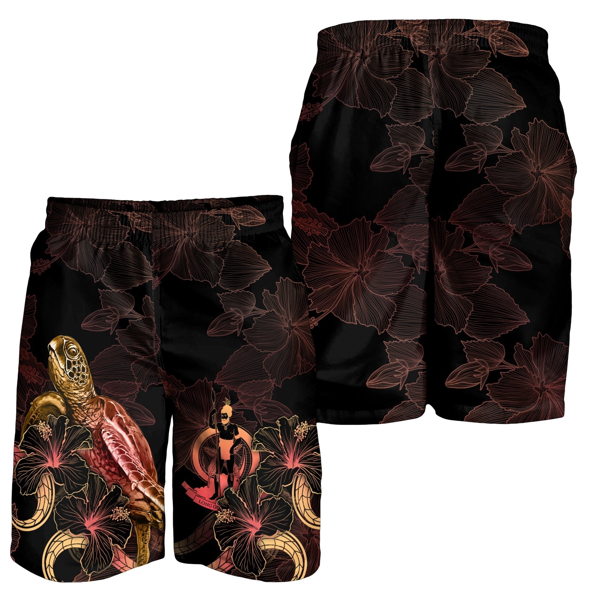 Vanuatu Polynesian Men's Shorts - Turtle With Blooming Hibiscus Gold - Vibe Hoodie Shop