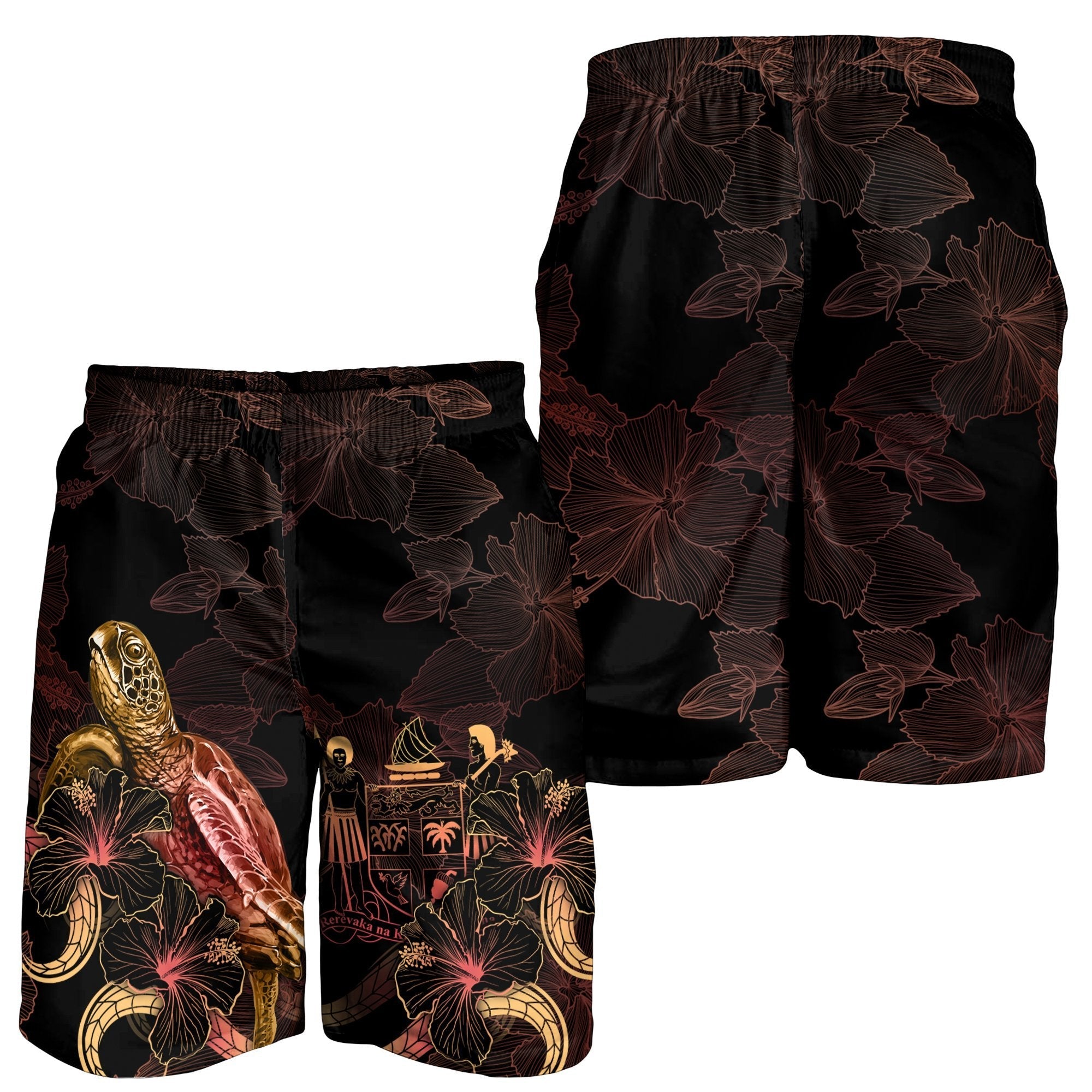 FiJi Polynesian Men's Shorts - Turtle With Blooming Hibiscus Gold - Vibe Hoodie Shop