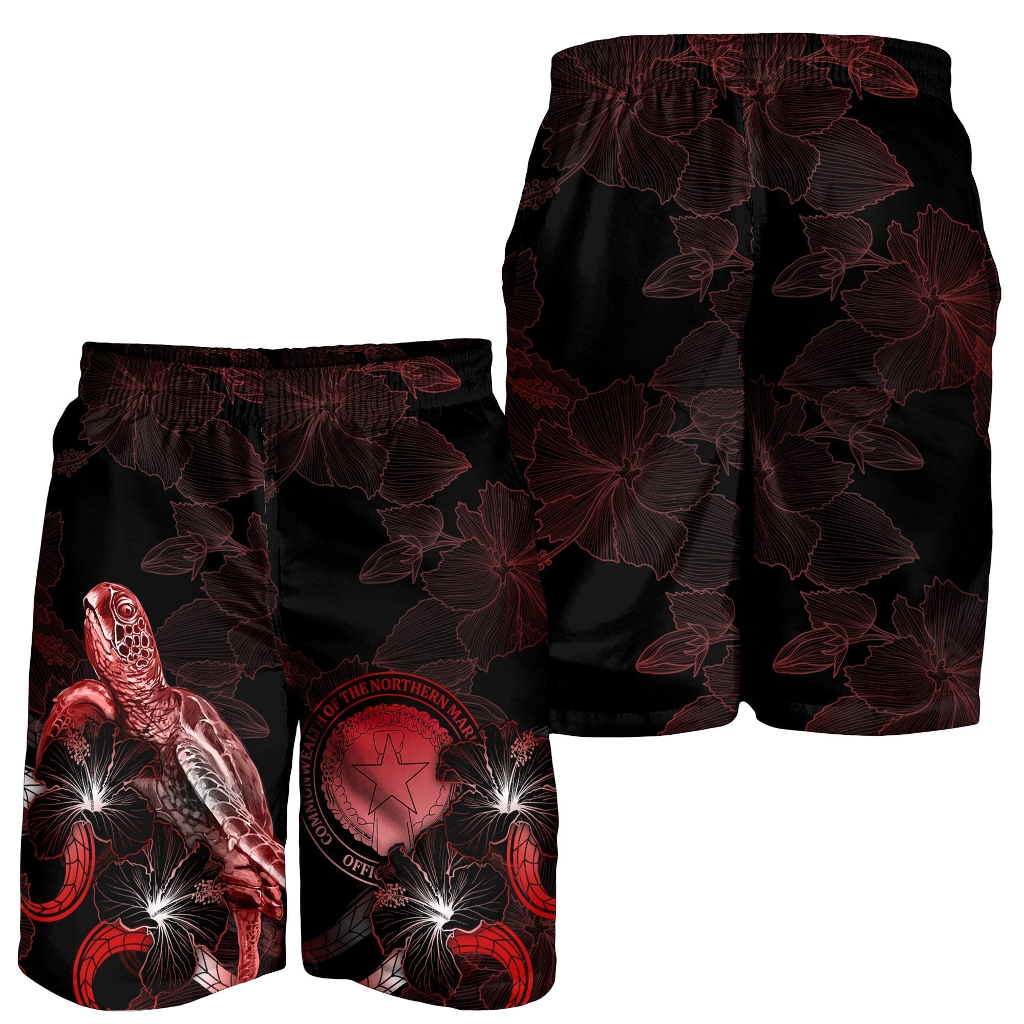 CNMI Polynesian Men's Shorts - Turtle With Blooming Hibiscus Red - Vibe Hoodie Shop