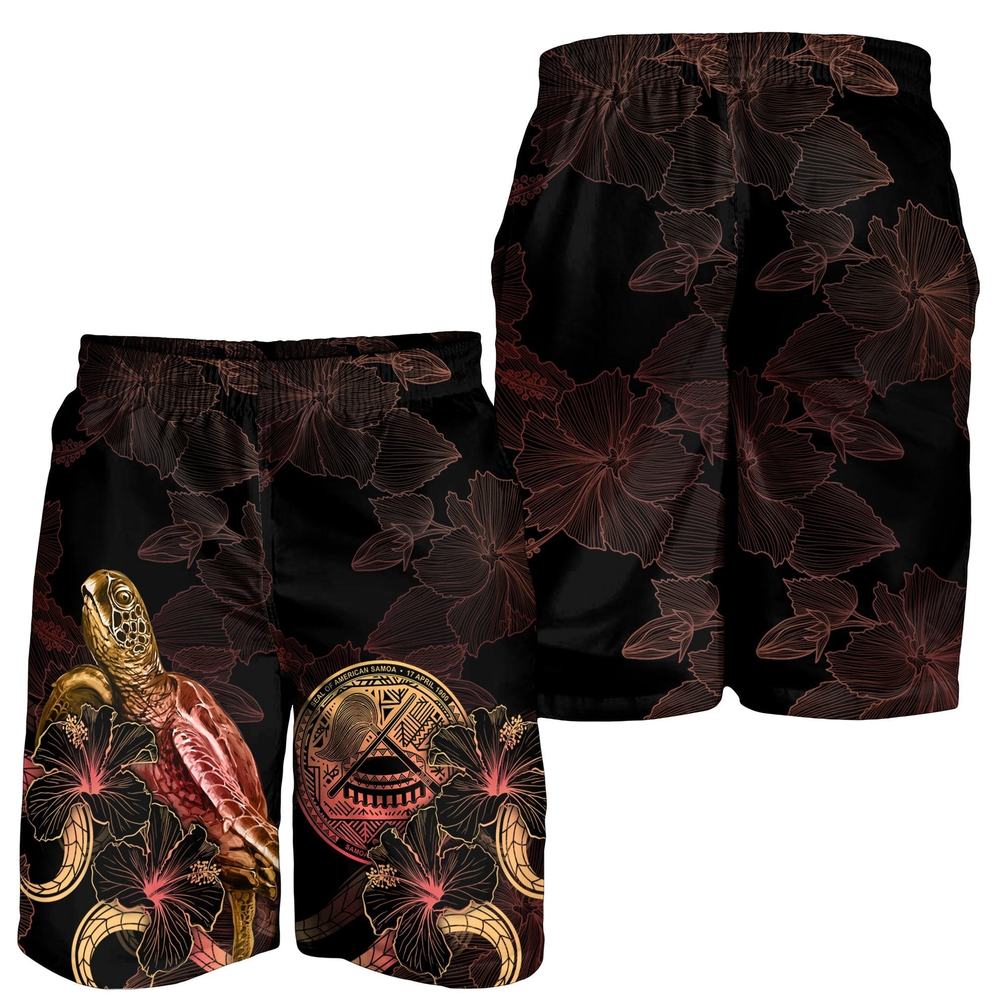 American Samoa Polynesian Men's Shorts - Turtle With Blooming Hibiscus Gold - Vibe Hoodie Shop