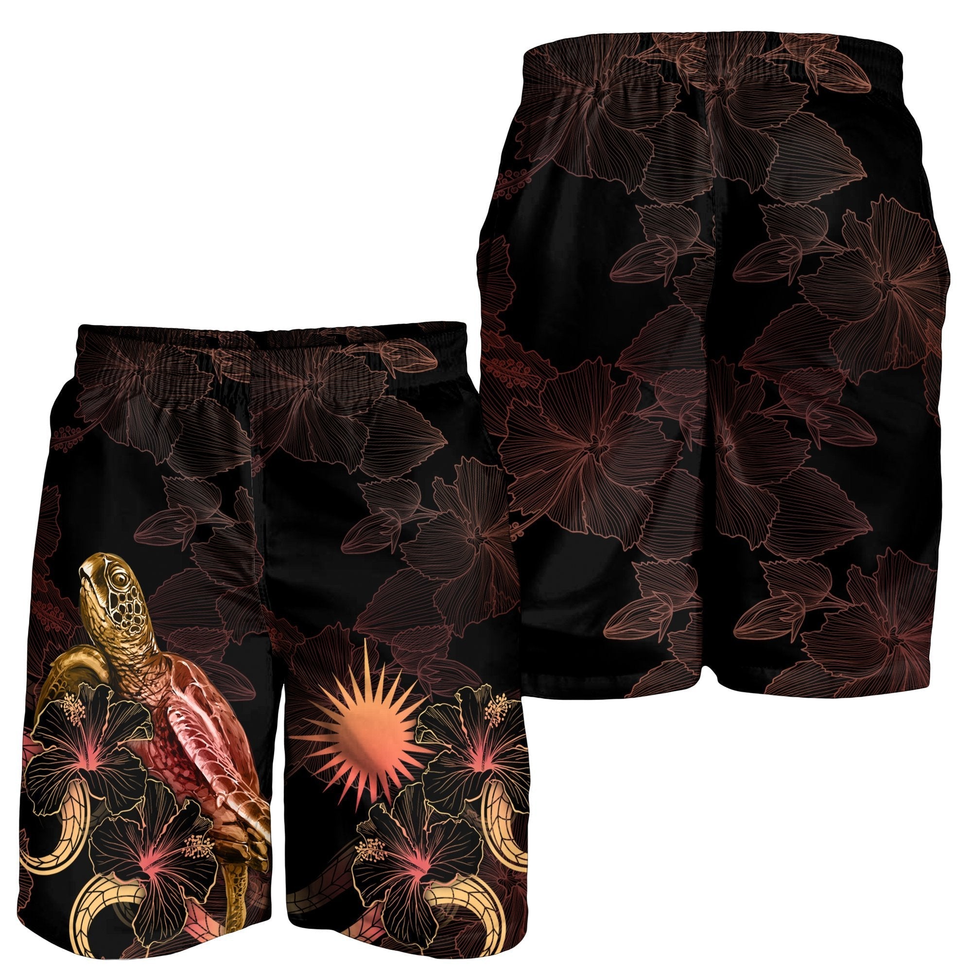 Marshall Islands Polynesian Men's Shorts - Turtle With Blooming Hibiscus Gold - Vibe Hoodie Shop