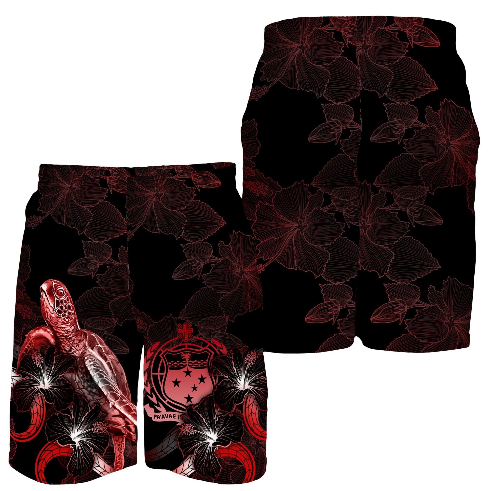 Samoa Polynesian Men's Shorts - Turtle With Blooming Hibiscus Red - Vibe Hoodie Shop