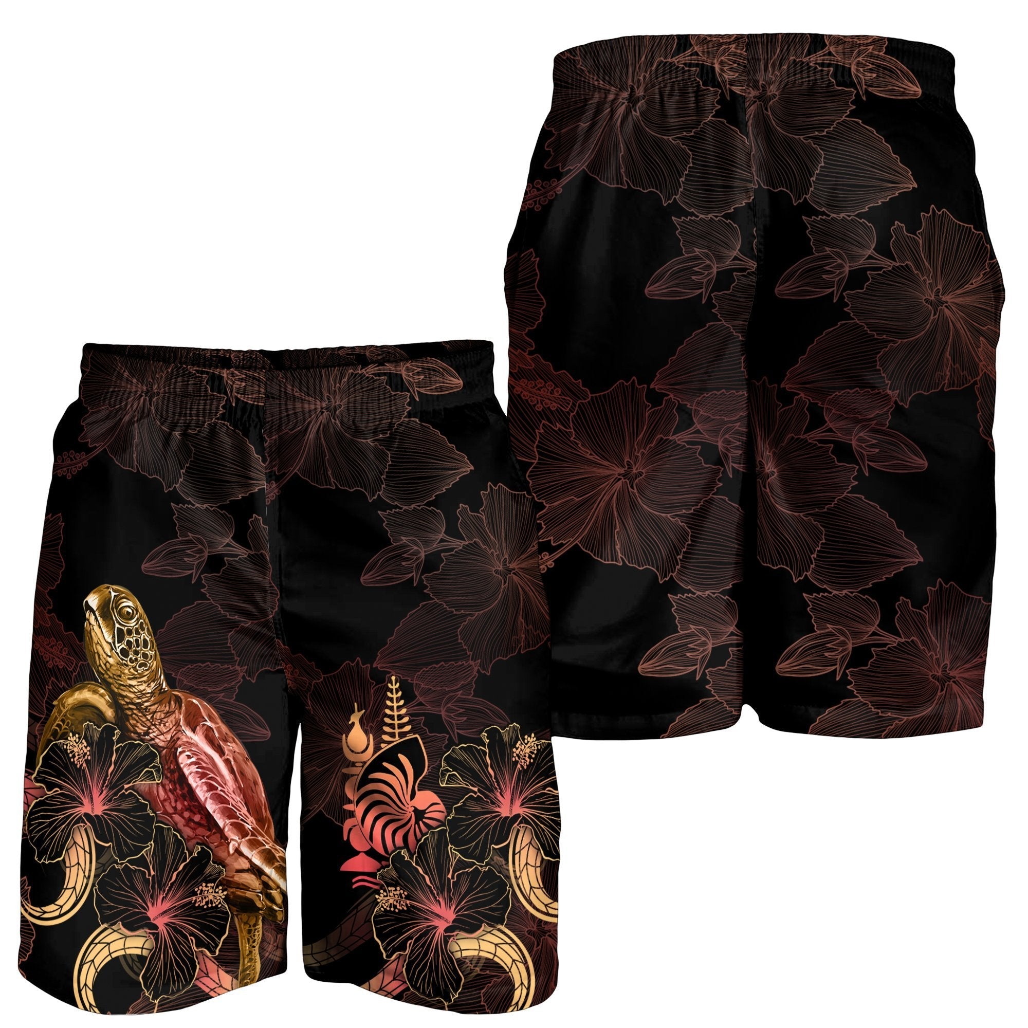 New Caledonia Polynesian Men's Shorts - Turtle With Blooming Hibiscus Gold - Vibe Hoodie Shop