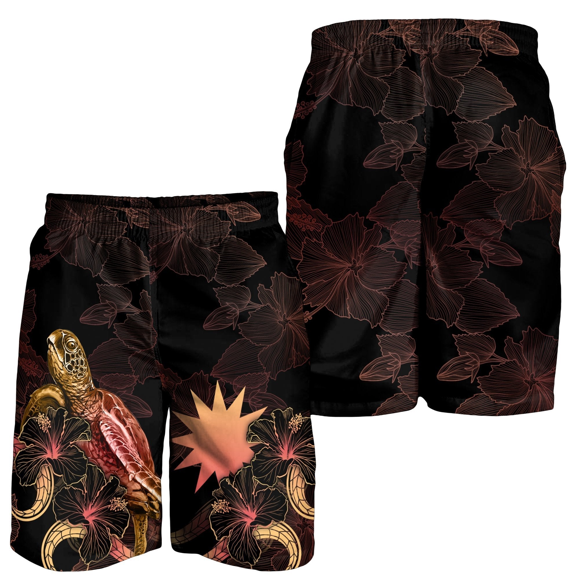 Nauru Polynesian Men's Shorts - Turtle With Blooming Hibiscus Gold - Vibe Hoodie Shop