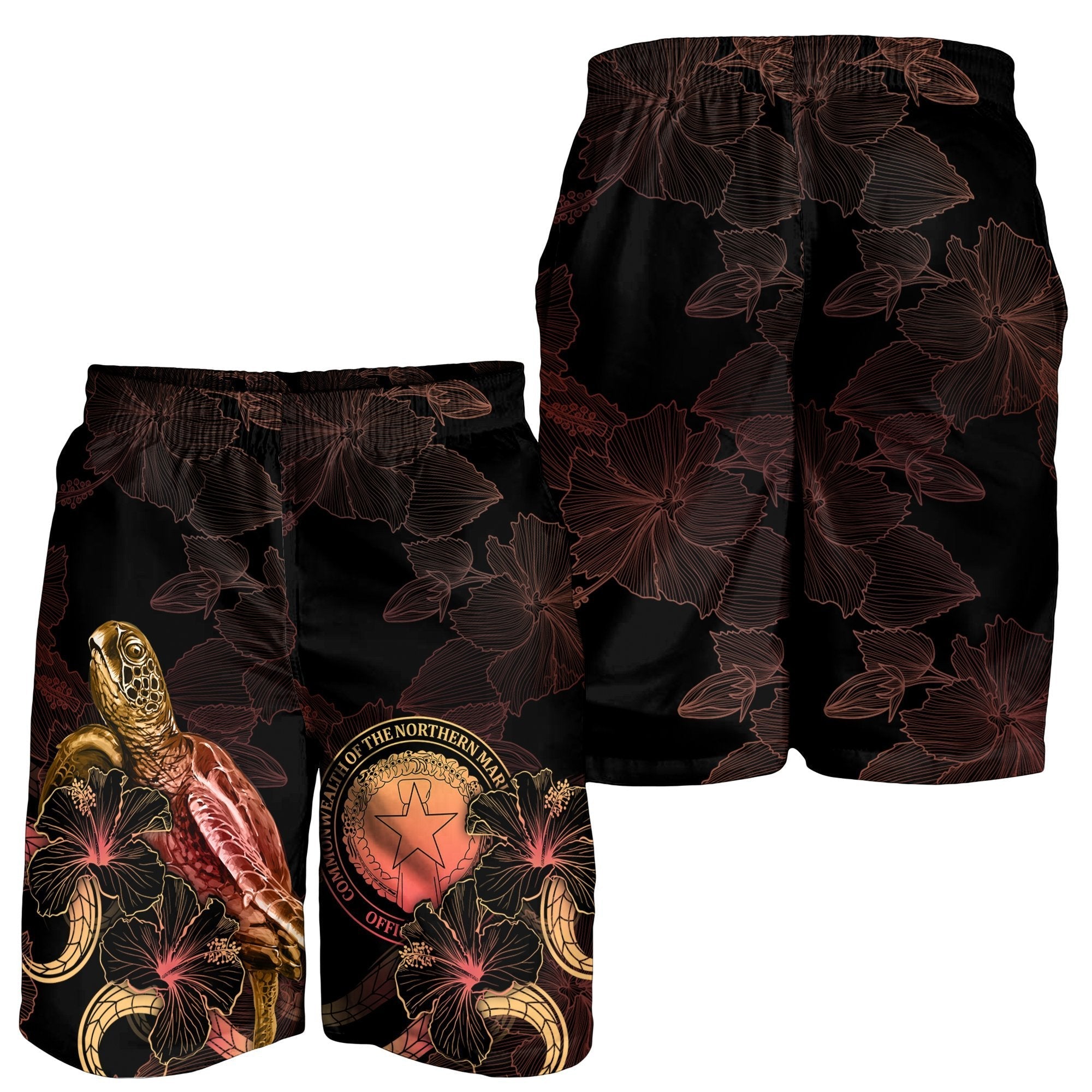 CNMI Polynesian Men's Shorts - Turtle With Blooming Hibiscus Gold - Vibe Hoodie Shop