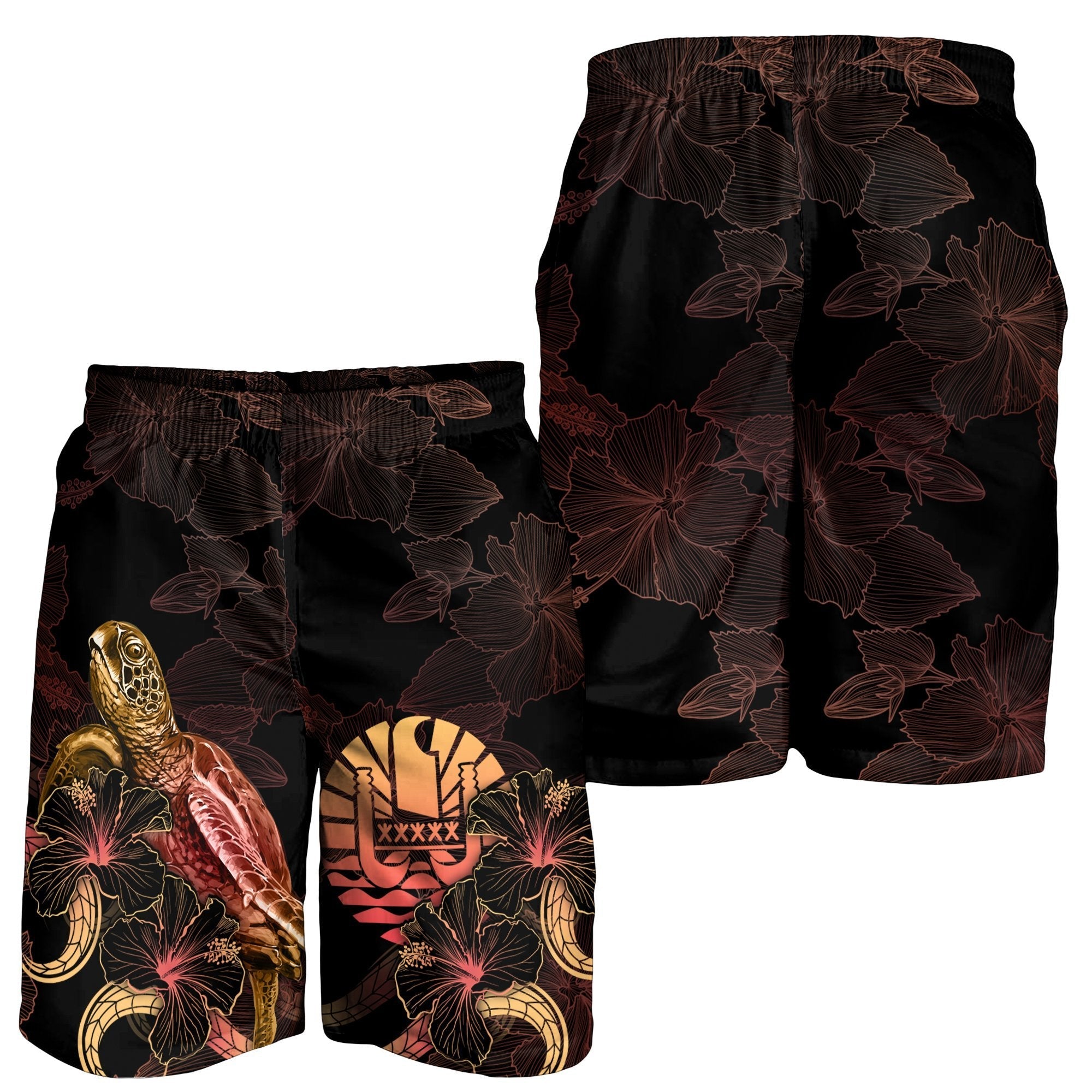 Tuvalu Polynesian Men's Shorts - Turtle With Blooming Hibiscus Gold - Vibe Hoodie Shop