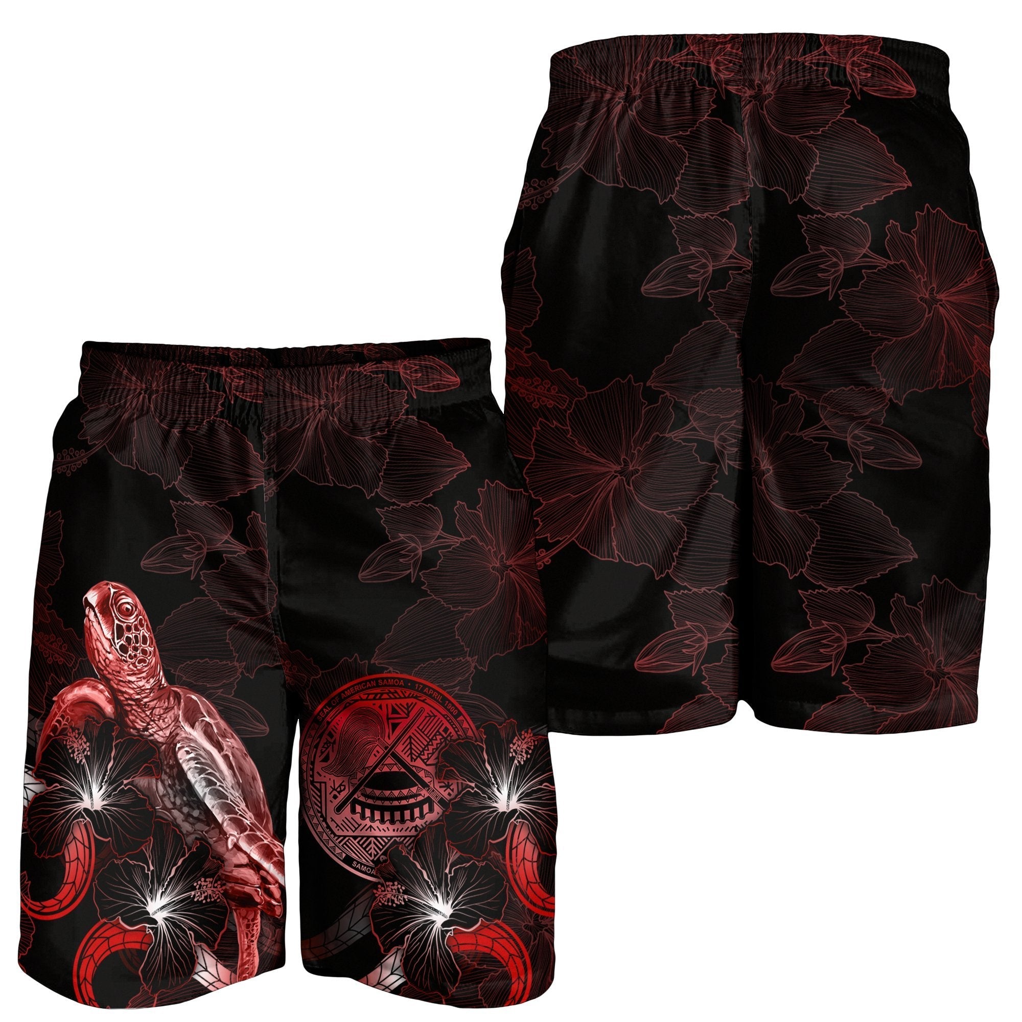 American Samoa Polynesian Men's Shorts - Turtle With Blooming Hibiscus Red - Vibe Hoodie Shop