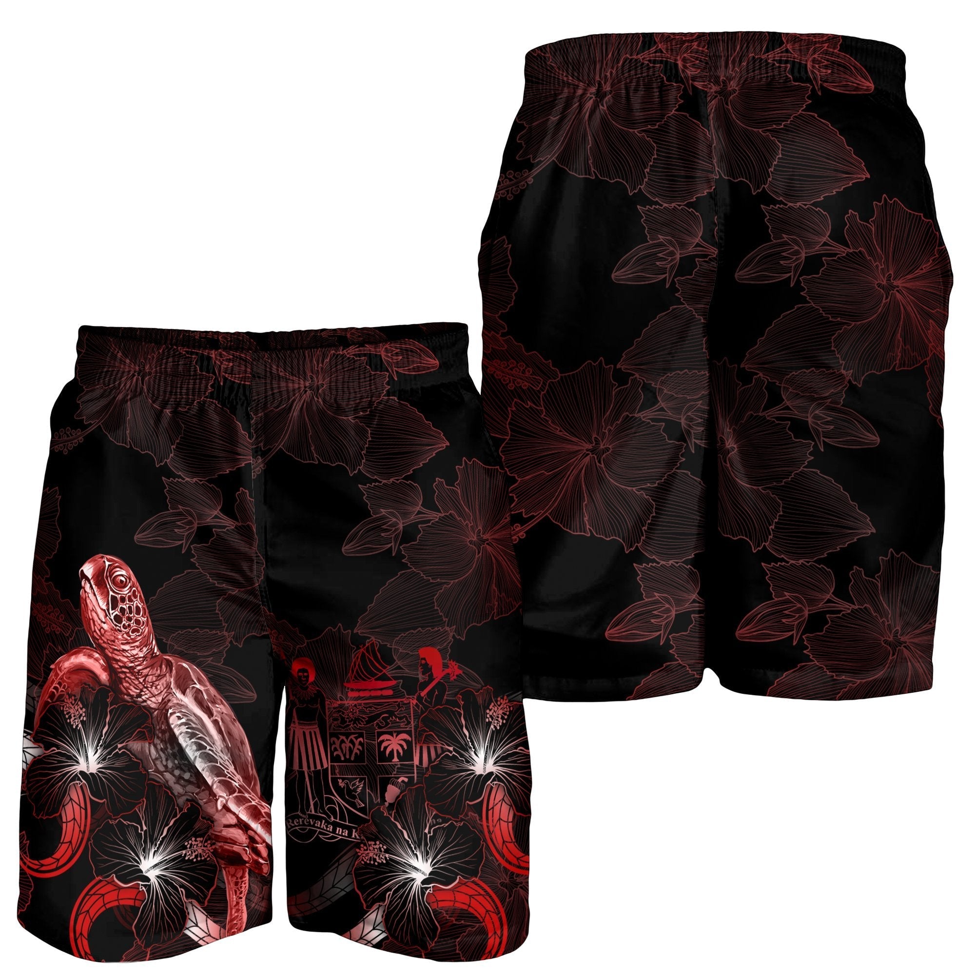 Fiji Polynesian Men's Shorts - Turtle With Blooming Hibiscus Red - Vibe Hoodie Shop