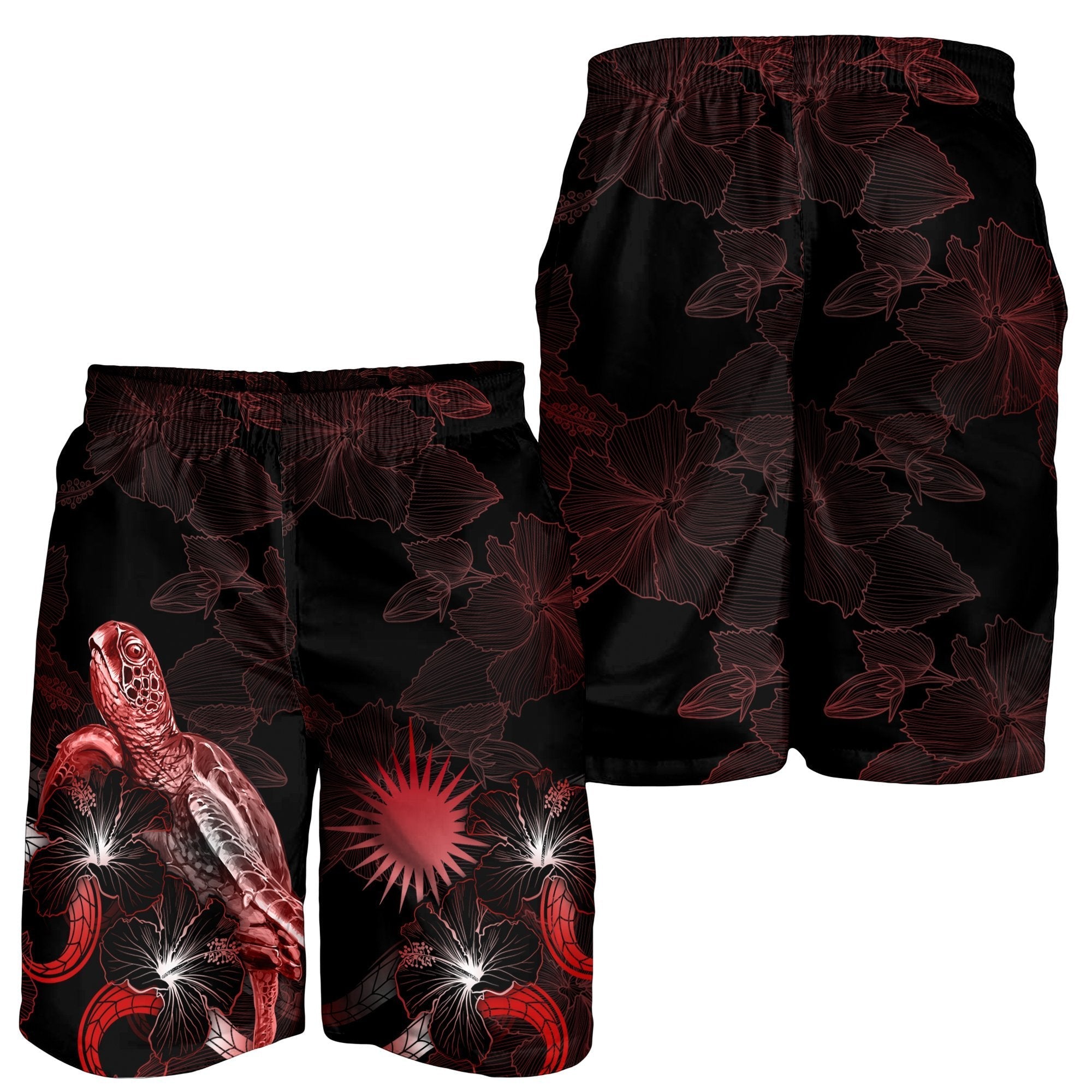 Marshall Islands Polynesian Men's Shorts - Turtle With Blooming Hibiscus Red - Vibe Hoodie Shop