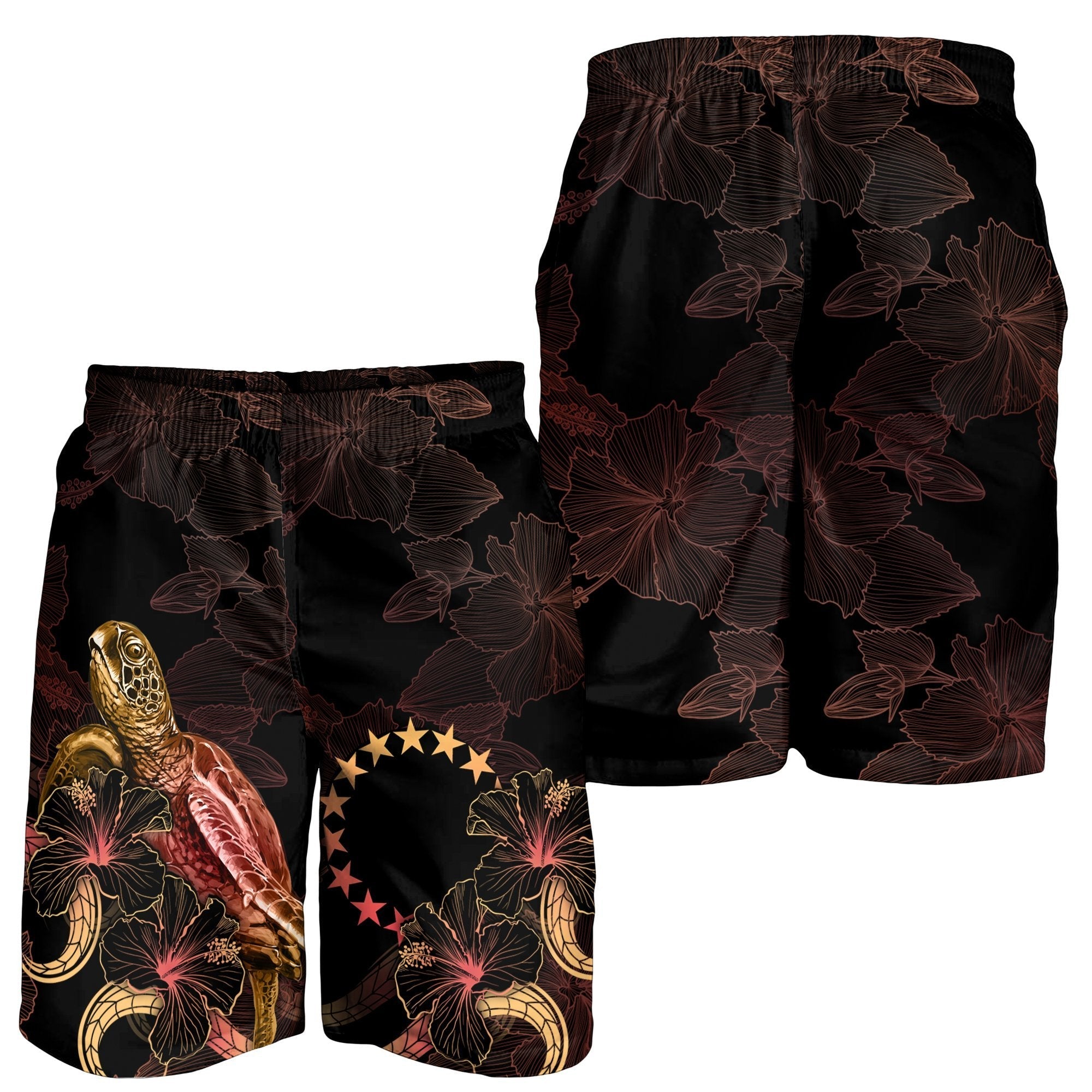 Cook Islands Polynesian Men's Shorts - Turtle With Blooming Hibiscus Gold - Vibe Hoodie Shop