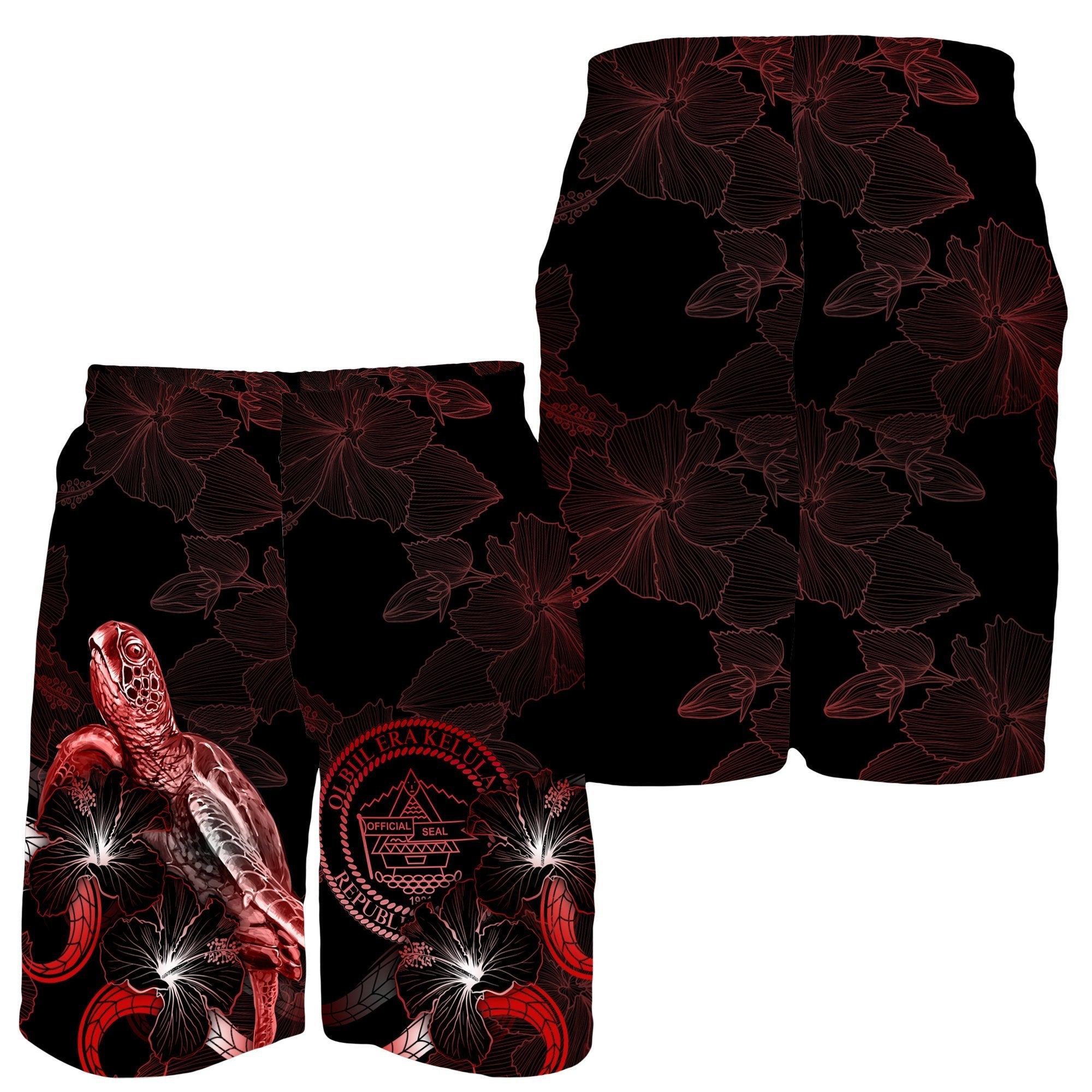 Palau Polynesian Men's Shorts - Turtle With Blooming Hibiscus Red - Vibe Hoodie Shop