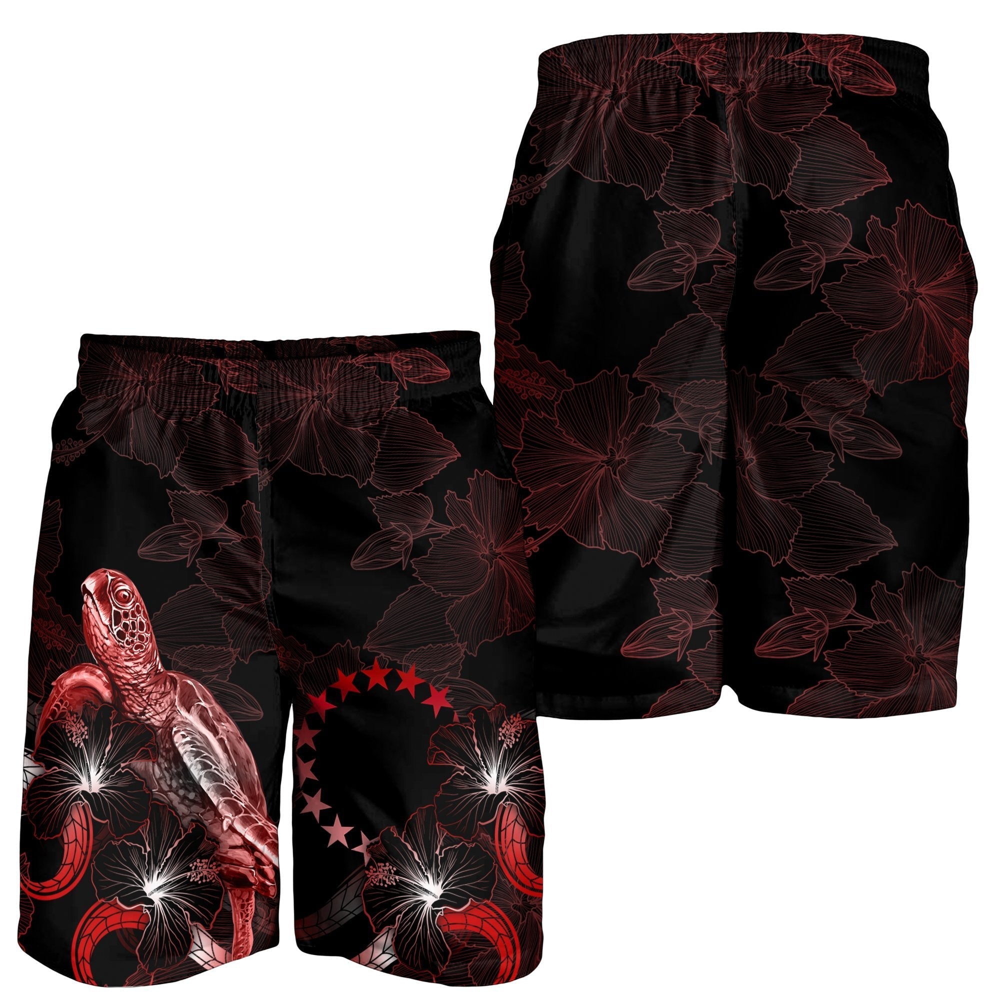 Cook Islands Polynesian Men's Shorts - Turtle With Blooming Hibiscus Red - Vibe Hoodie Shop