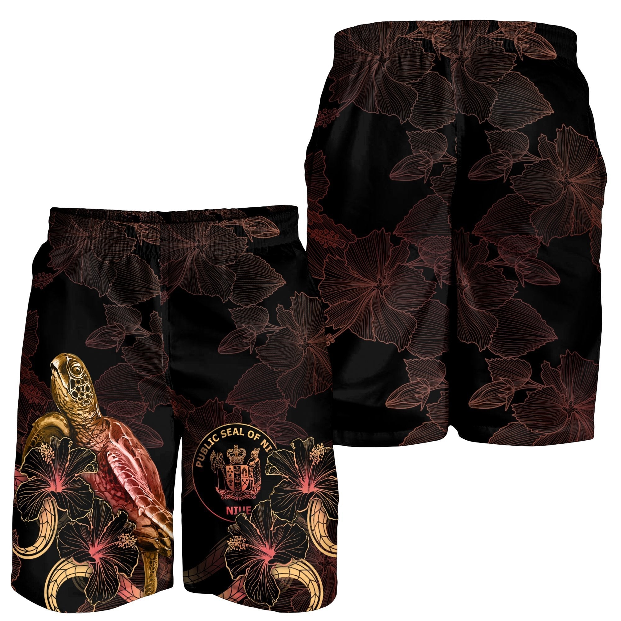 Niue Polynesian Men's Shorts - Turtle With Blooming Hibiscus Gold - Vibe Hoodie Shop