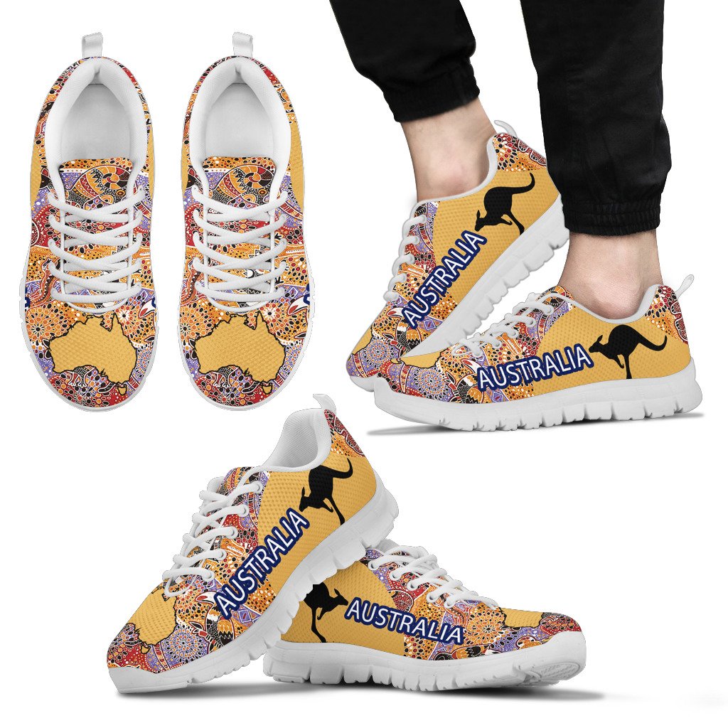 Aboriginal Sneakers, Australian Map Kangaroo Symbol Koala Kookaburra Patterns - Vibe Hoodie Shop