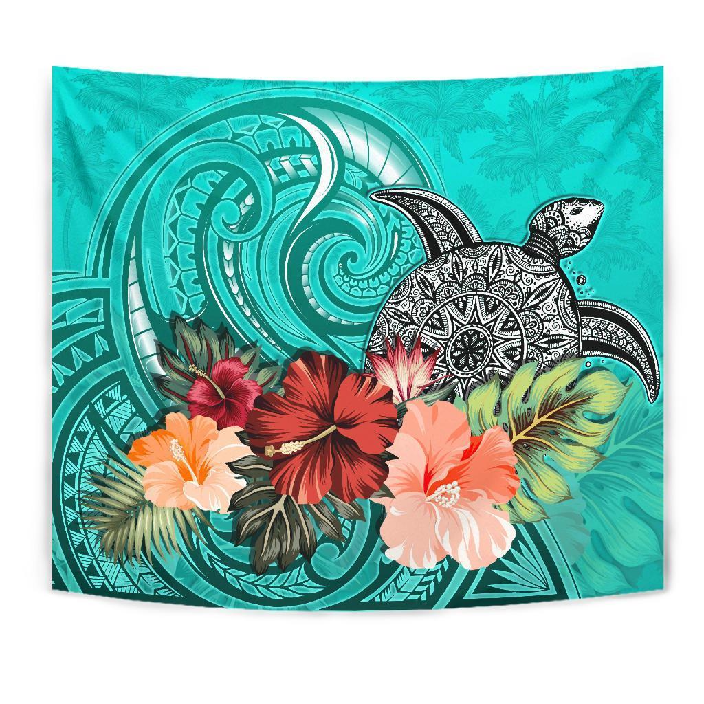 Turtle Polynesian Tapestry Hibiscus Polynesian Turquoise - Vibe Hoodie Shop