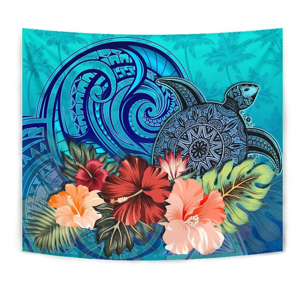 Turtle Polynesian Tapestry Hibiscus Polynesian Blue - Vibe Hoodie Shop