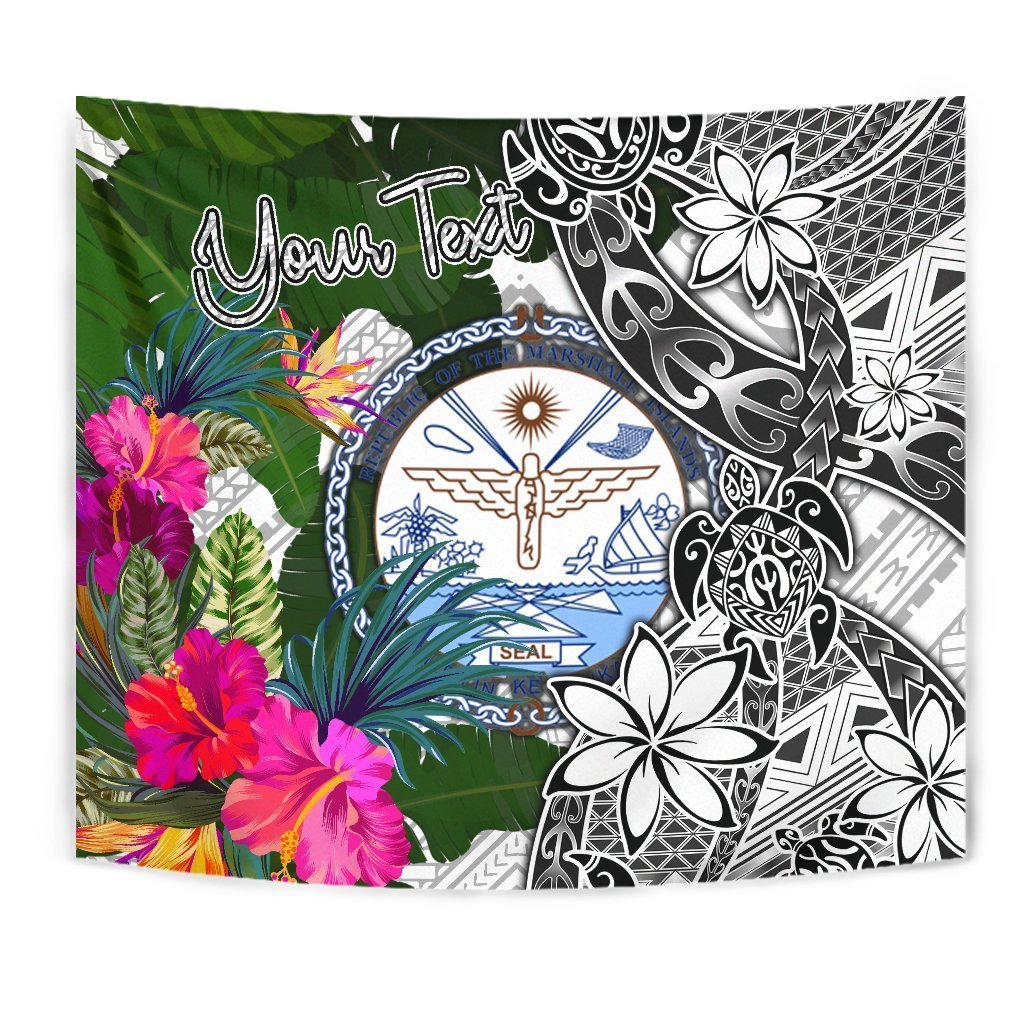 Marshall Islands Custom Personalised Tapestry White - Turtle Plumeria Banana Leaf Crest - Vibe Hoodie Shop