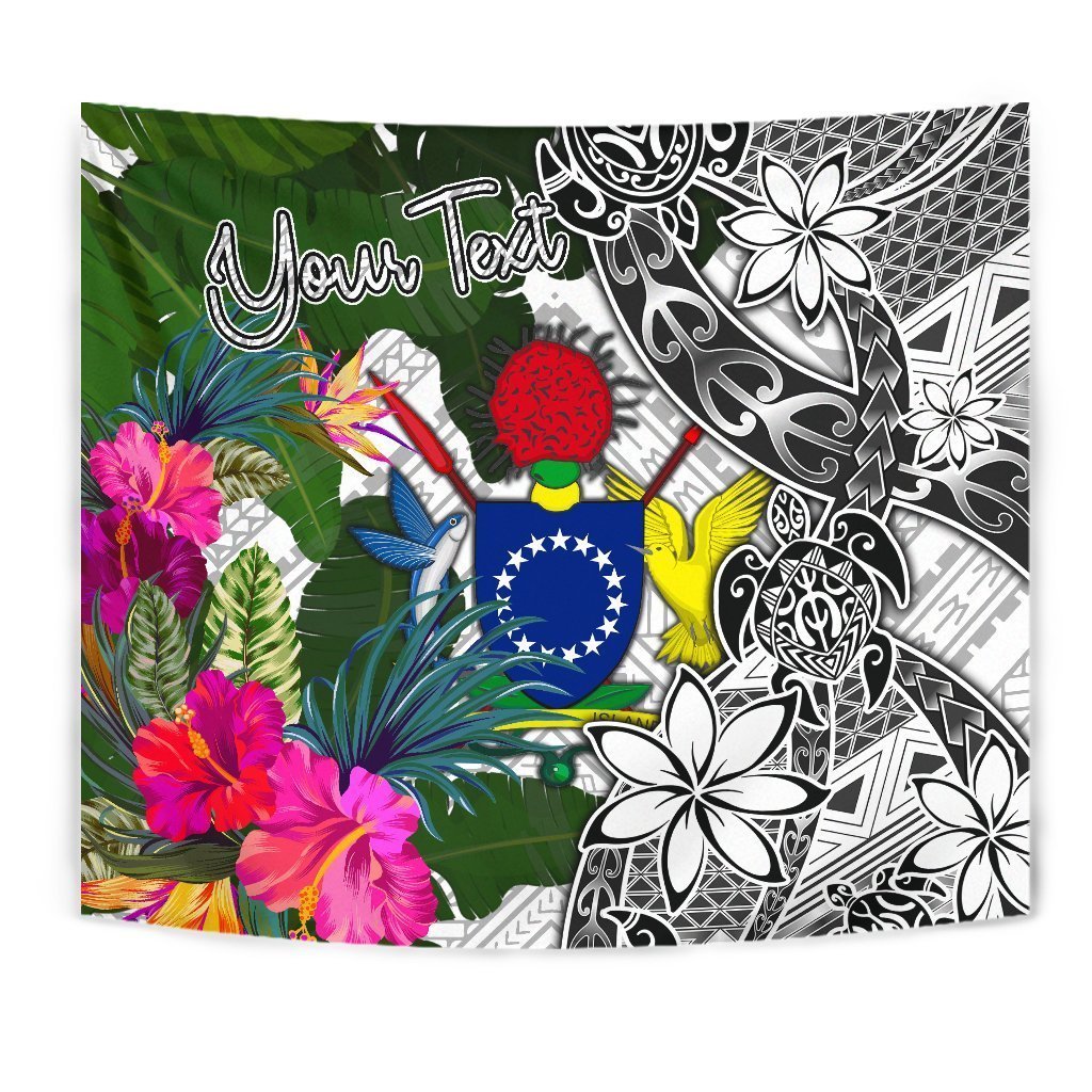 Cook Islands Custom Personalised Tapestry White - Turtle Plumeria Banana Leaf - Vibe Hoodie Shop