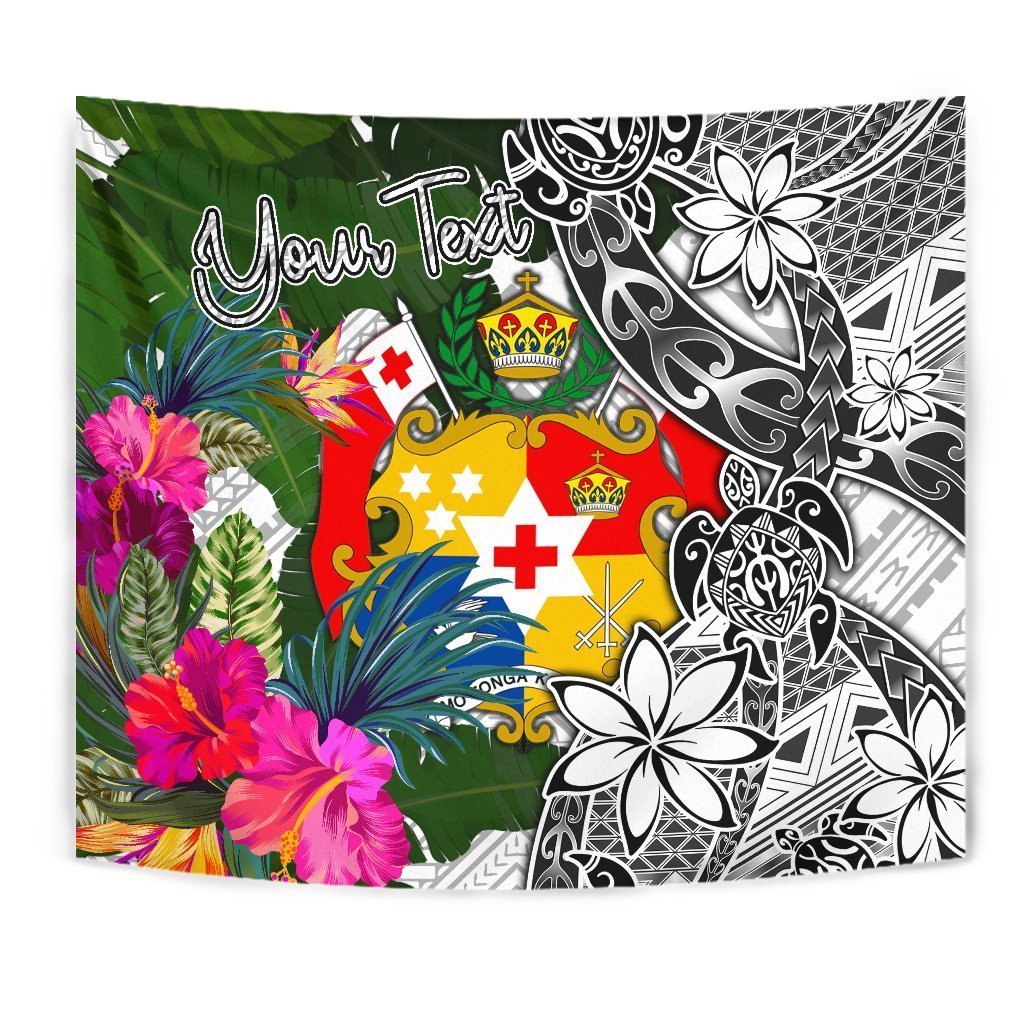 Tonga Custom Personalised Tapestry White - Turtle Plumeria Banana Leaf - Vibe Hoodie Shop