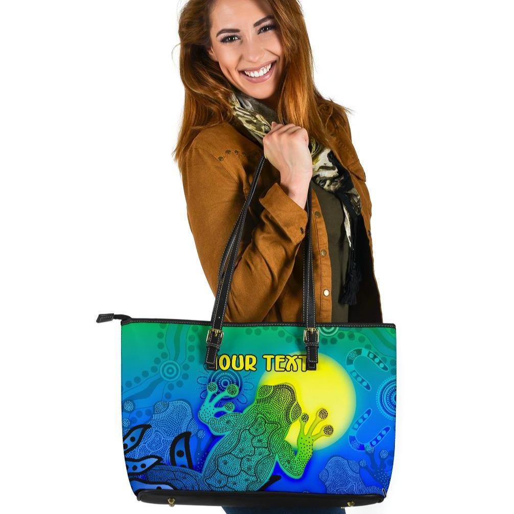 custom-aboriginal-large-leather-tote-bag-indigenous-frog-blue