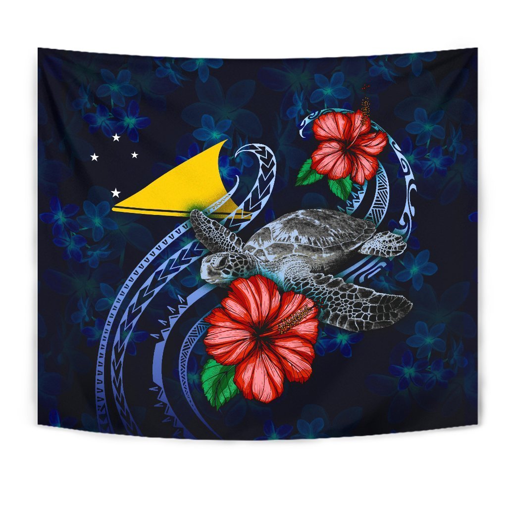 Tokelau Polynesian Tapestry - Blue Turtle Hibiscus - Vibe Hoodie Shop