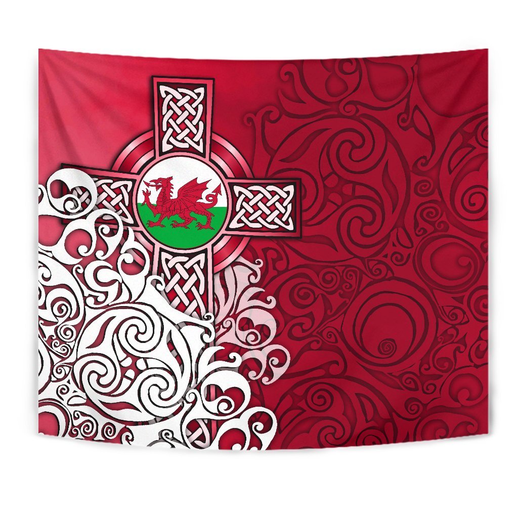 Wales Celtic Tapestry - Welsh Dragon Flag with Celtic Cross - Vibe Hoodie Shop