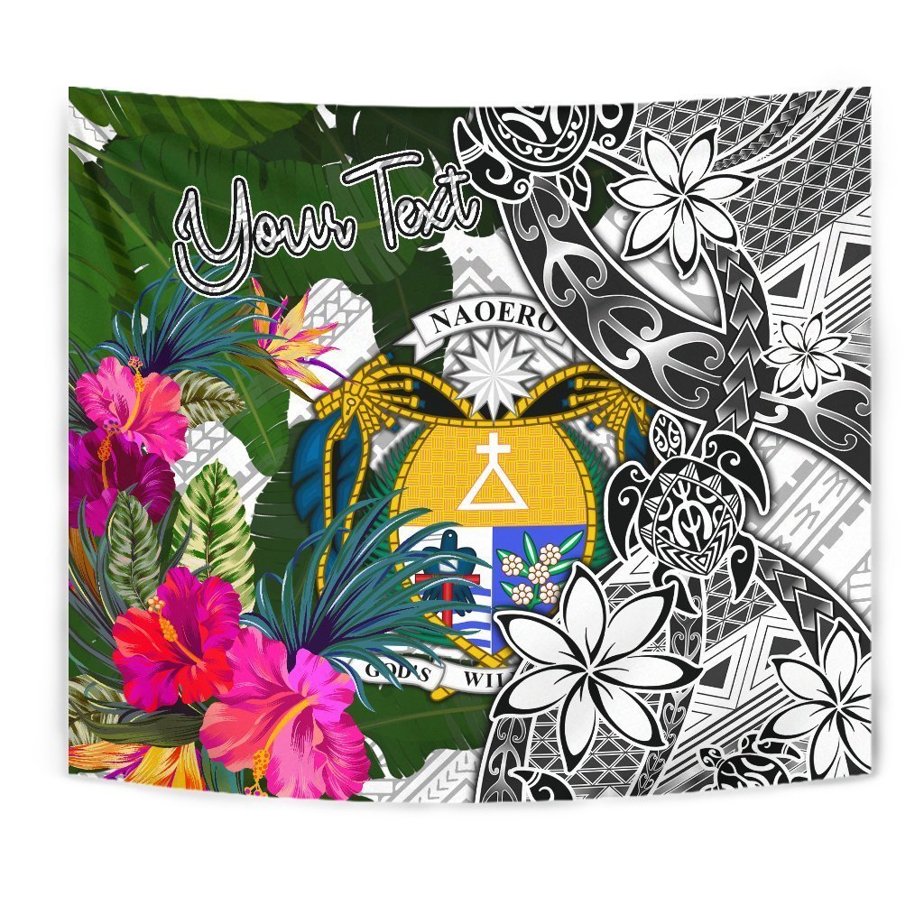 Nauru Custom Personalised Tapestry White - Turtle Plumeria Banana Leaf Crest - Vibe Hoodie Shop