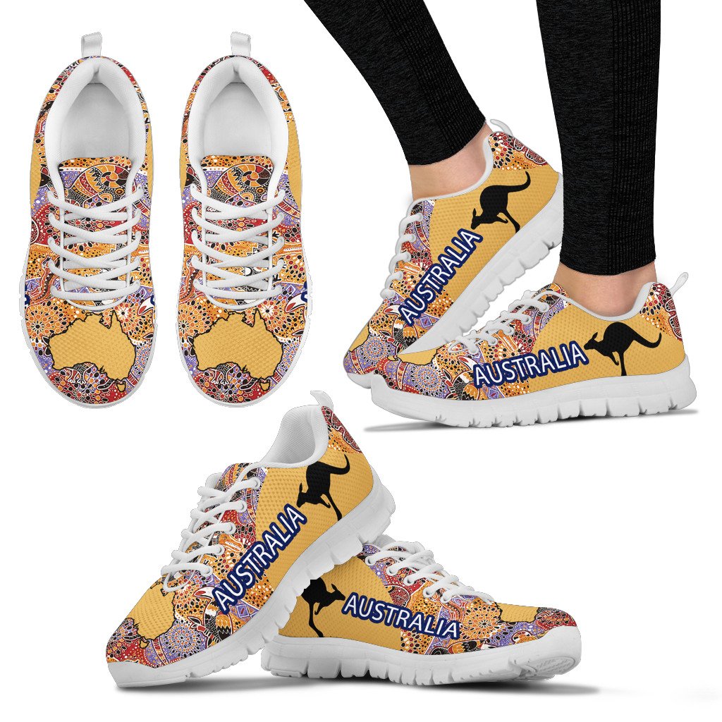 Aboriginal Sneakers, Australian Map Kangaroo Symbol Koala Kookaburra Patterns - Vibe Hoodie Shop