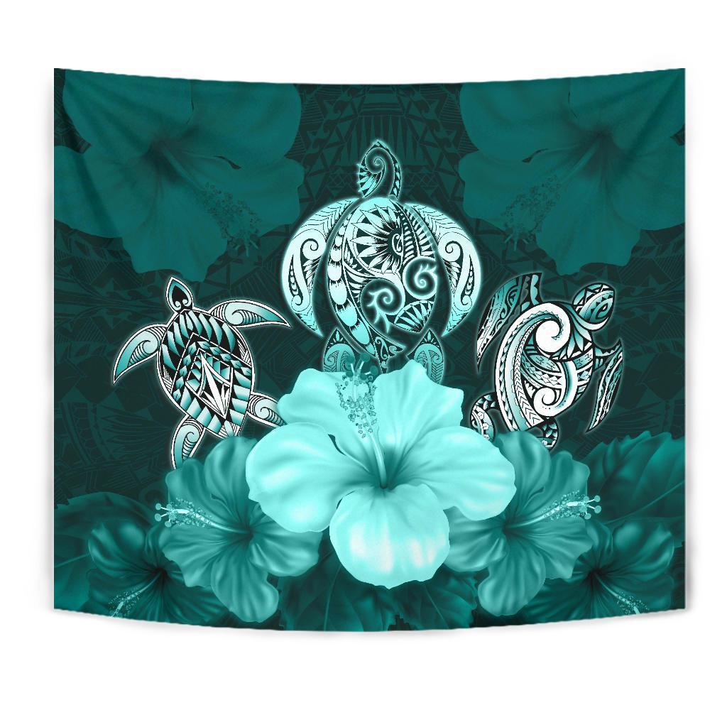 Polynesian Tapestry Turtle And Hibiscus Turquoise - Vibe Hoodie Shop