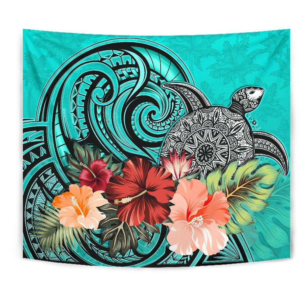 Turtle Tapestry Hibiscus Polynesian Turquoise - Vibe Hoodie Shop