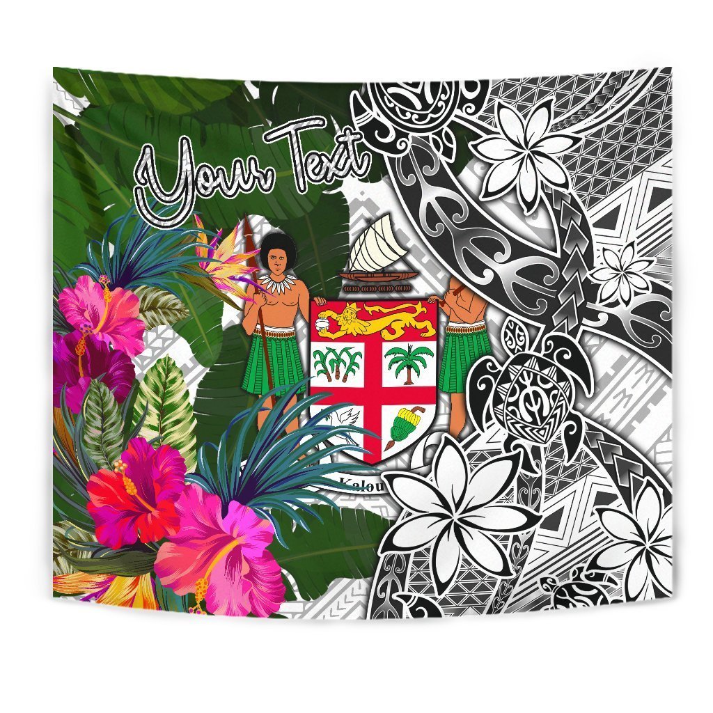 Fiji Custom Personalised Tapestry White - Turtle Plumeria Banana Leaf Crest - Vibe Hoodie Shop