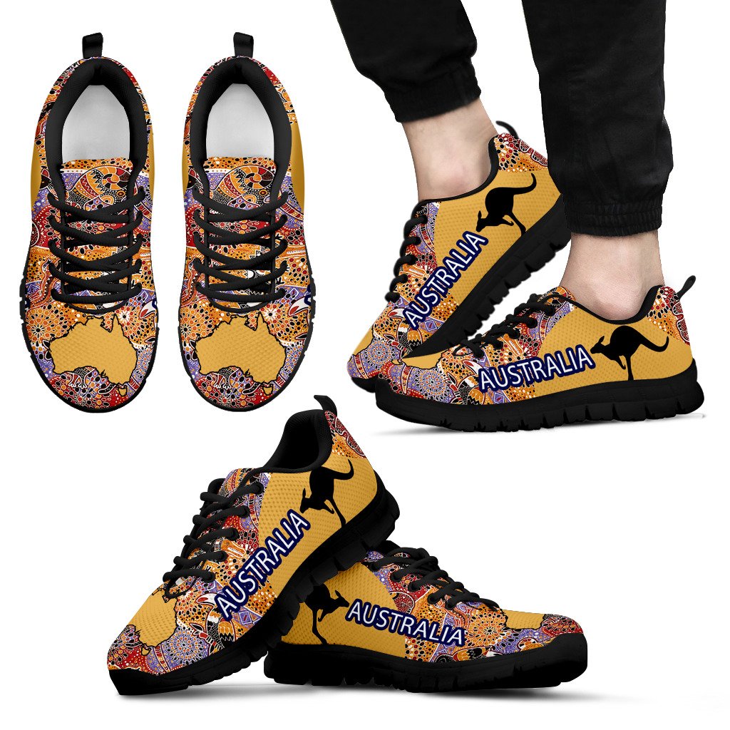 Aboriginal Sneakers, Australian Map Kangaroo Symbol Koala Kookaburra Patterns - Vibe Hoodie Shop