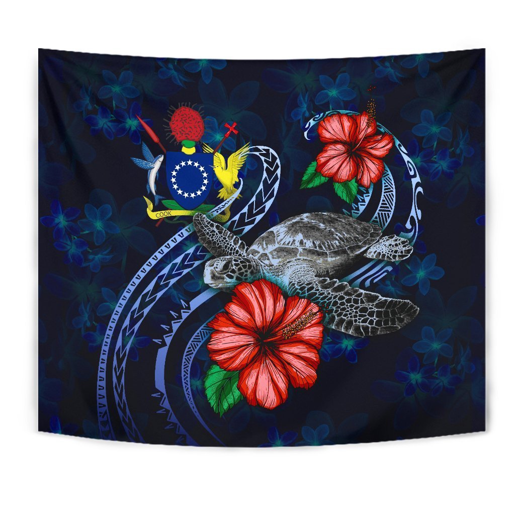 Cook Islands Polynesian Tapestry - Blue Turtle Hibiscus - Vibe Hoodie Shop