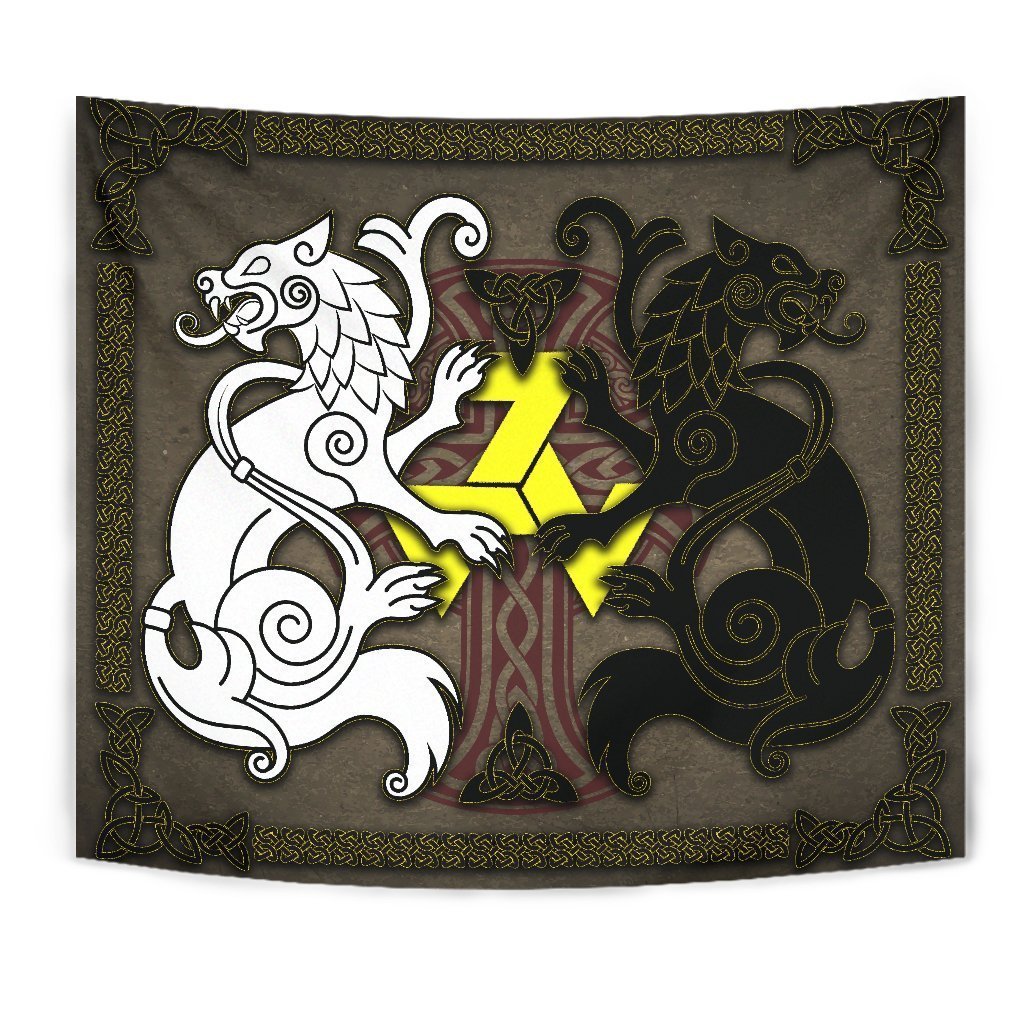 Celtic Tapestry - Wolfs With Celtic Cross And Triskelion - Vibe Hoodie Shop